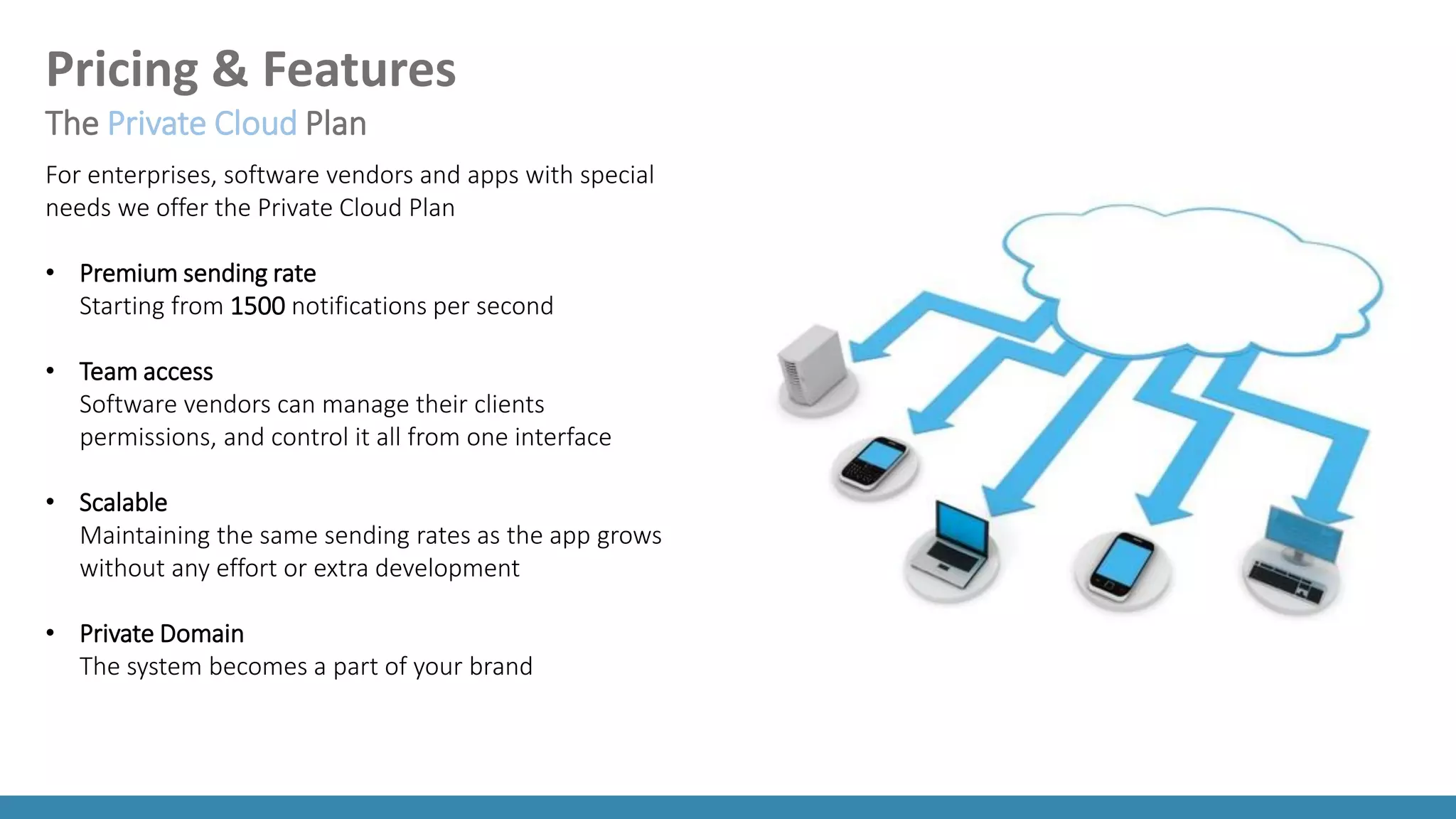 For enterprises, software vendors and apps with special needs we offer the Private Cloud Plan 
•Premium sending rate Starting from1500notifications per second 
•Team access Software vendors can manage their clients permissions, and control it all from one interface 
•Scalable Maintainingthe same sending rates as the app grows without any effort or extra development 
•Private Domain The system becomes a part of your brand 
Pricing & Features 
ThePrivate Cloud Plan  