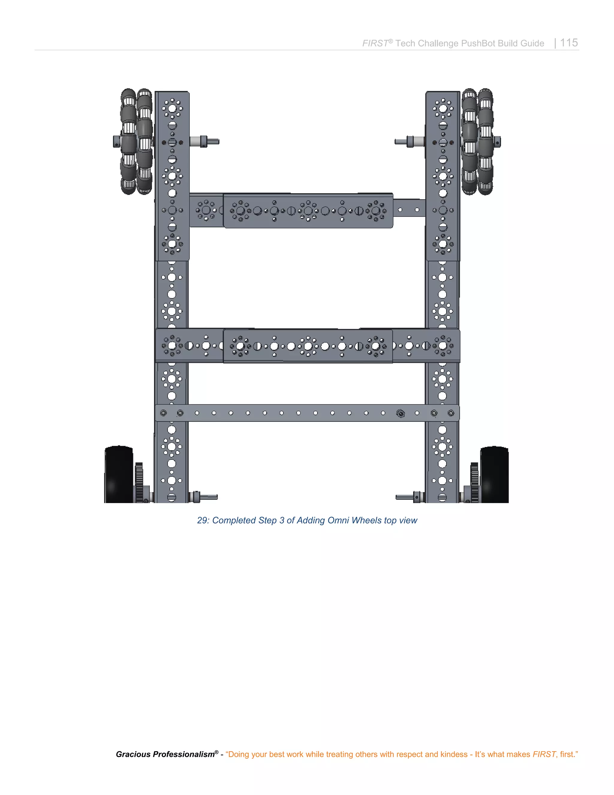 FIRST®
Tech Challenge PushBot Build Guide | 115
Gracious Professionalism®
- “Doing your best work while treating others with respect and kindess - It’s what makes FIRST, first.”
29: Completed Step 3 of Adding Omni Wheels top view
 