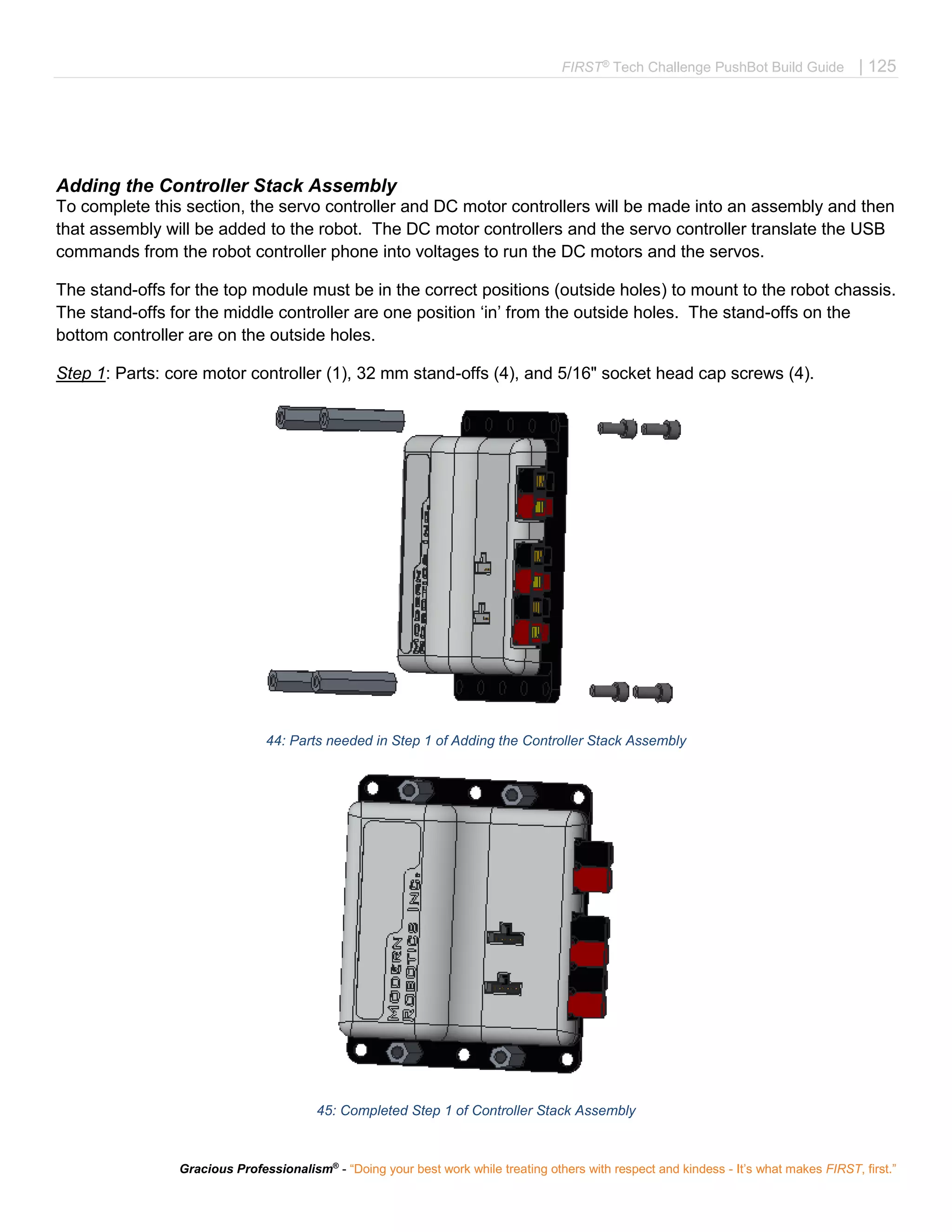 FIRST®
Tech Challenge PushBot Build Guide | 125
Gracious Professionalism®
- “Doing your best work while treating others with respect and kindess - It’s what makes FIRST, first.”
Adding the Controller Stack Assembly
To complete this section, the servo controller and DC motor controllers will be made into an assembly and then
that assembly will be added to the robot. The DC motor controllers and the servo controller translate the USB
commands from the robot controller phone into voltages to run the DC motors and the servos.
The stand-offs for the top module must be in the correct positions (outside holes) to mount to the robot chassis.
The stand-offs for the middle controller are one position ‘in’ from the outside holes. The stand-offs on the
bottom controller are on the outside holes.
Step 1: Parts: core motor controller (1), 32 mm stand-offs (4), and 5/16" socket head cap screws (4).
44: Parts needed in Step 1 of Adding the Controller Stack Assembly
45: Completed Step 1 of Controller Stack Assembly
 