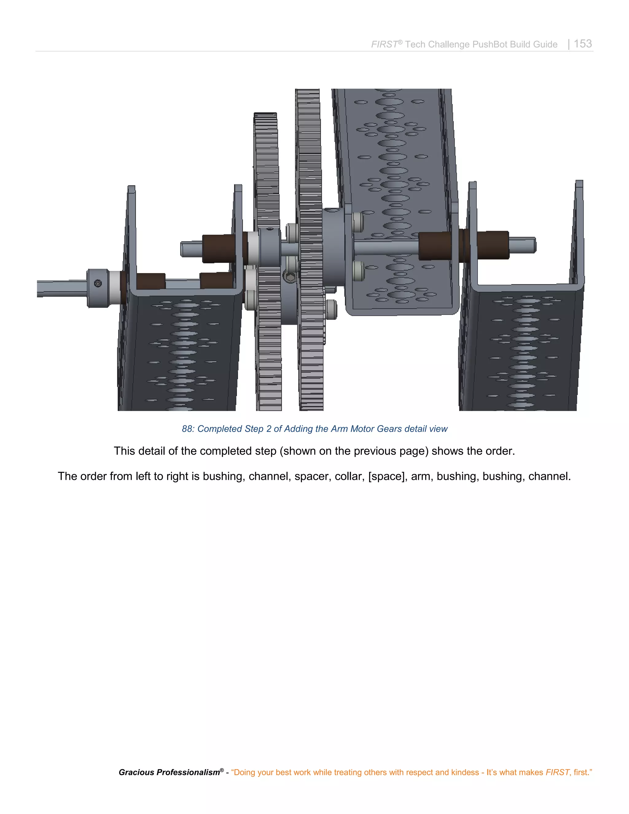 FIRST®
Tech Challenge PushBot Build Guide | 153
Gracious Professionalism®
- “Doing your best work while treating others with respect and kindess - It’s what makes FIRST, first.”
88: Completed Step 2 of Adding the Arm Motor Gears detail view
This detail of the completed step (shown on the previous page) shows the order.
The order from left to right is bushing, channel, spacer, collar, [space], arm, bushing, bushing, channel.
 
