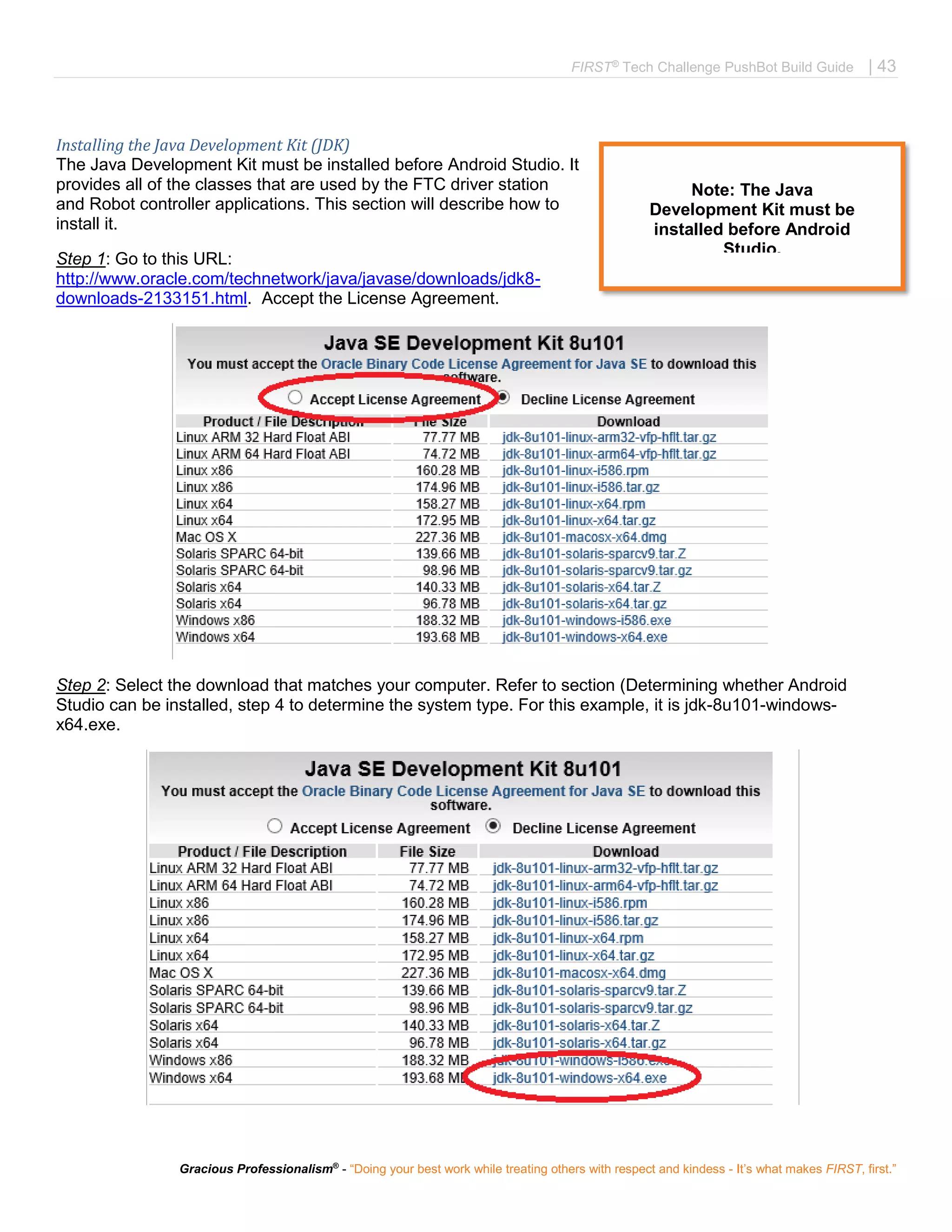 FIRST®
Tech Challenge PushBot Build Guide | 43
Gracious Professionalism®
- “Doing your best work while treating others with respect and kindess - It’s what makes FIRST, first.”
Installing the Java Development Kit (JDK)
The Java Development Kit must be installed before Android Studio. It
provides all of the classes that are used by the FTC driver station
and Robot controller applications. This section will describe how to
install it.
Step 1: Go to this URL:
http://www.oracle.com/technetwork/java/javase/downloads/jdk8-
downloads-2133151.html. Accept the License Agreement.
Step 2: Select the download that matches your computer. Refer to section (Determining whether Android
Studio can be installed, step 4 to determine the system type. For this example, it is jdk-8u101-windows-
x64.exe.
Note: The Java
Development Kit must be
installed before Android
Studio.
 