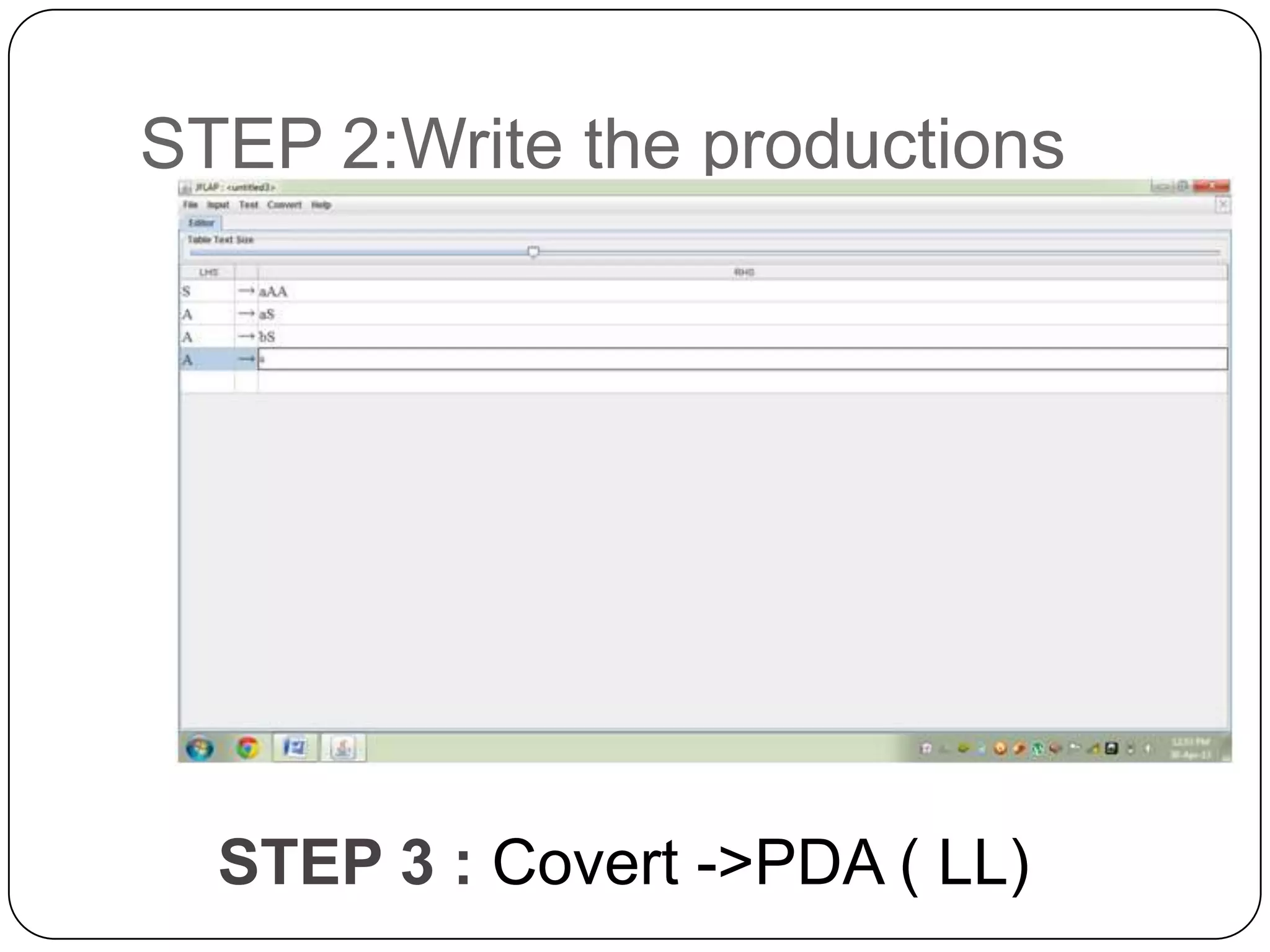 STEP 2:Write the productions
STEP 3 : Covert ->PDA ( LL)
 