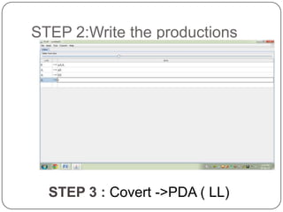 STEP 2:Write the productions
STEP 3 : Covert ->PDA ( LL)
 