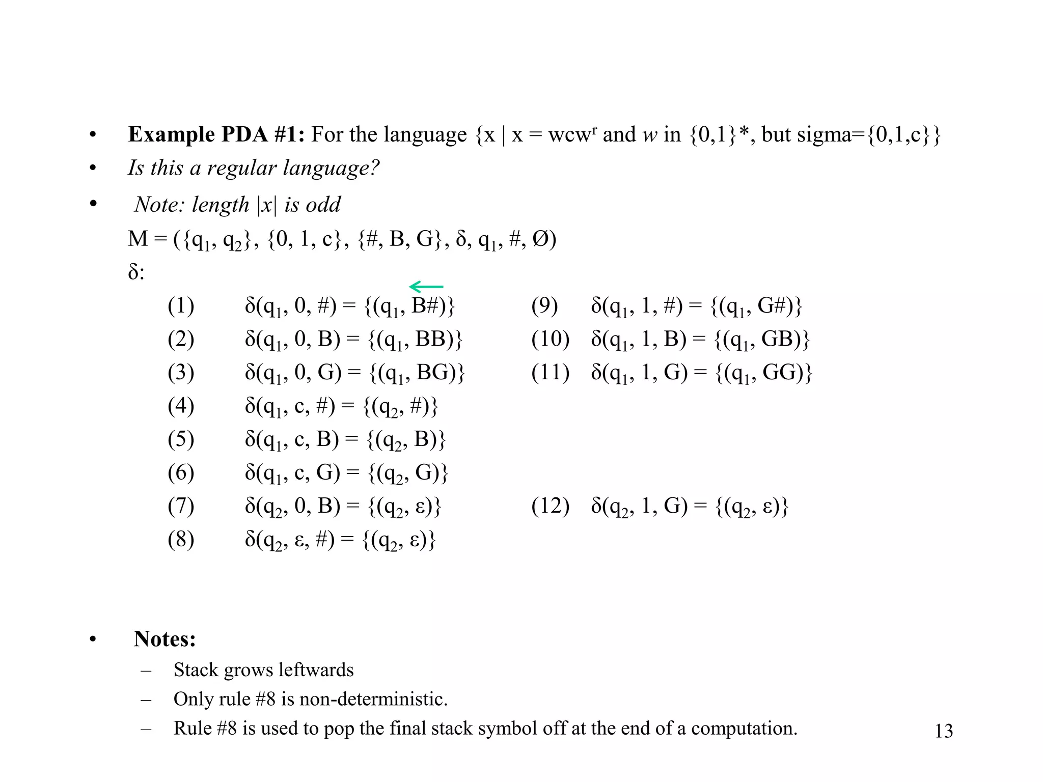 13
• Example PDA #1: For the language {x | x = wcwr and w in {0,1}*, but sigma={0,1,c}}
• Is this a regular language?
• Note: length |x| is odd
M = ({q1, q2}, {0, 1, c}, {#, B, G}, δ, q1, #, Ø)
δ:
(1) δ(q1, 0, #) = {(q1, B#)} (9) δ(q1, 1, #) = {(q1, G#)}
(2) δ(q1, 0, B) = {(q1, BB)} (10) δ(q1, 1, B) = {(q1, GB)}
(3) δ(q1, 0, G) = {(q1, BG)} (11) δ(q1, 1, G) = {(q1, GG)}
(4) δ(q1, c, #) = {(q2, #)}
(5) δ(q1, c, B) = {(q2, B)}
(6) δ(q1, c, G) = {(q2, G)}
(7) δ(q2, 0, B) = {(q2, ε)} (12) δ(q2, 1, G) = {(q2, ε)}
(8) δ(q2, ε, #) = {(q2, ε)}
• Notes:
– Stack grows leftwards
– Only rule #8 is non-deterministic.
– Rule #8 is used to pop the final stack symbol off at the end of a computation.
 