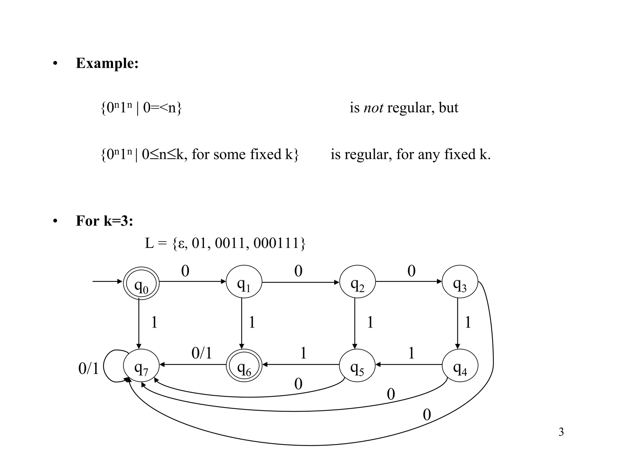 3
• Example:
{0n1n | 0=<n} is not regular, but
{0n1n | 0nk, for some fixed k} is regular, for any fixed k.
• For k=3:
L = {ε, 01, 0011, 000111}
0/1
q0
q7
0
q1
11
q2
1
q5
0
q3
11
q4
0
1
0
0
0/1 q6
0
 
