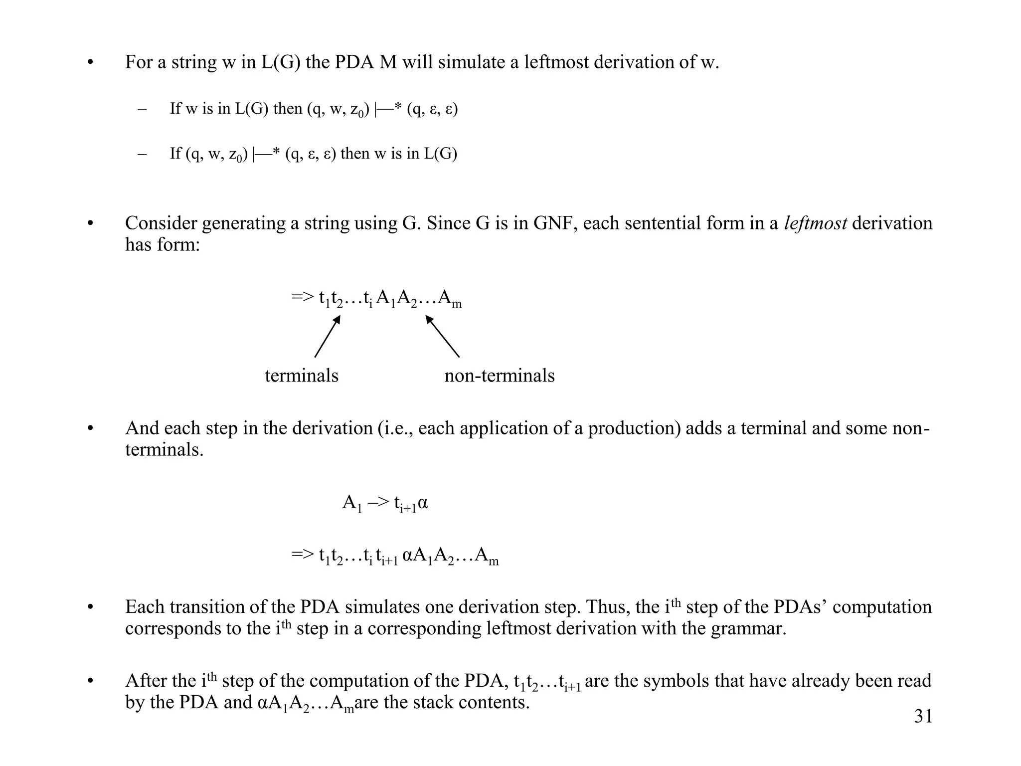 31
• For a string w in L(G) the PDA M will simulate a leftmost derivation of w.
– If w is in L(G) then (q, w, z0) |—* (q, ε, ε)
– If (q, w, z0) |—* (q, ε, ε) then w is in L(G)
• Consider generating a string using G. Since G is in GNF, each sentential form in a leftmost derivation
has form:
=> t1t2…ti A1A2…Am
terminals non-terminals
• And each step in the derivation (i.e., each application of a production) adds a terminal and some non-
terminals.
A1 –> ti+1α
=> t1t2…ti ti+1 αA1A2…Am
• Each transition of the PDA simulates one derivation step. Thus, the ith step of the PDAs’ computation
corresponds to the ith step in a corresponding leftmost derivation with the grammar.
• After the ith step of the computation of the PDA, t1t2…ti+1 are the symbols that have already been read
by the PDA and αA1A2…Amare the stack contents.
 