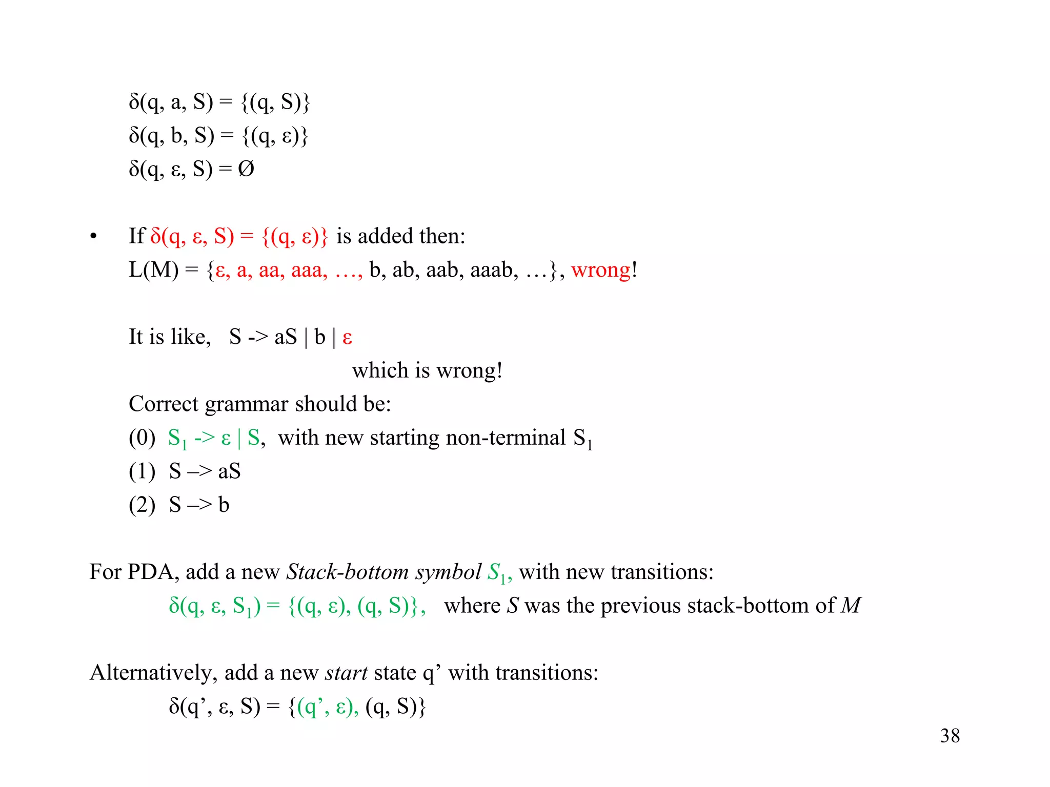 38
δ(q, a, S) = {(q, S)}
δ(q, b, S) = {(q, ε)}
δ(q, ε, S) = Ø
• If δ(q, ε, S) = {(q, ε)} is added then:
L(M) = {ε, a, aa, aaa, …, b, ab, aab, aaab, …}, wrong!
It is like, S -> aS | b | ε
which is wrong!
Correct grammar should be:
(0) S1 -> ε | S, with new starting non-terminal S1
(1) S –> aS
(2) S –> b
For PDA, add a new Stack-bottom symbol S1, with new transitions:
δ(q, ε, S1) = {(q, ε), (q, S)}, where S was the previous stack-bottom of M
Alternatively, add a new start state q’ with transitions:
δ(q’, ε, S) = {(q’, ε), (q, S)}
 
