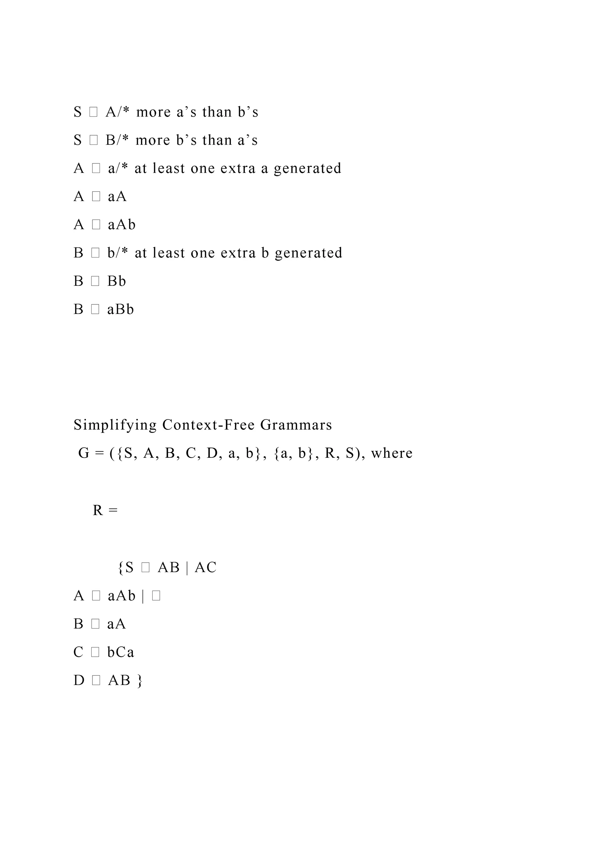 Simplifying Context-Free Grammars
G = ({S, A, B, C, D, a, b}, {a, b}, R, S), where
R =
 