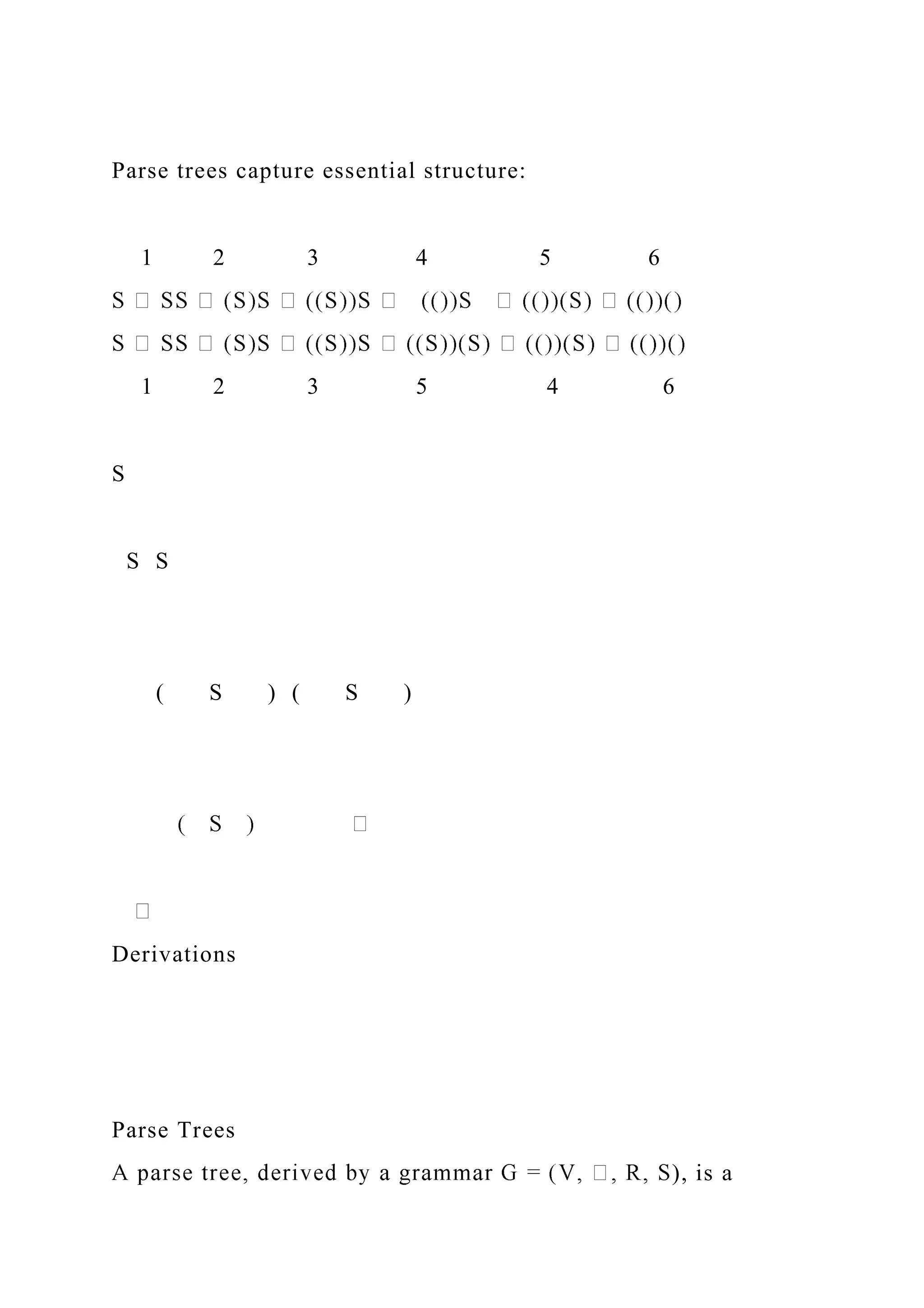 Parse trees capture essential structure:
1 2 3 4 5 6
1 2 3 5 4 6
S
S S
( S ) ( S )
Derivations
Parse Trees
), is a
 