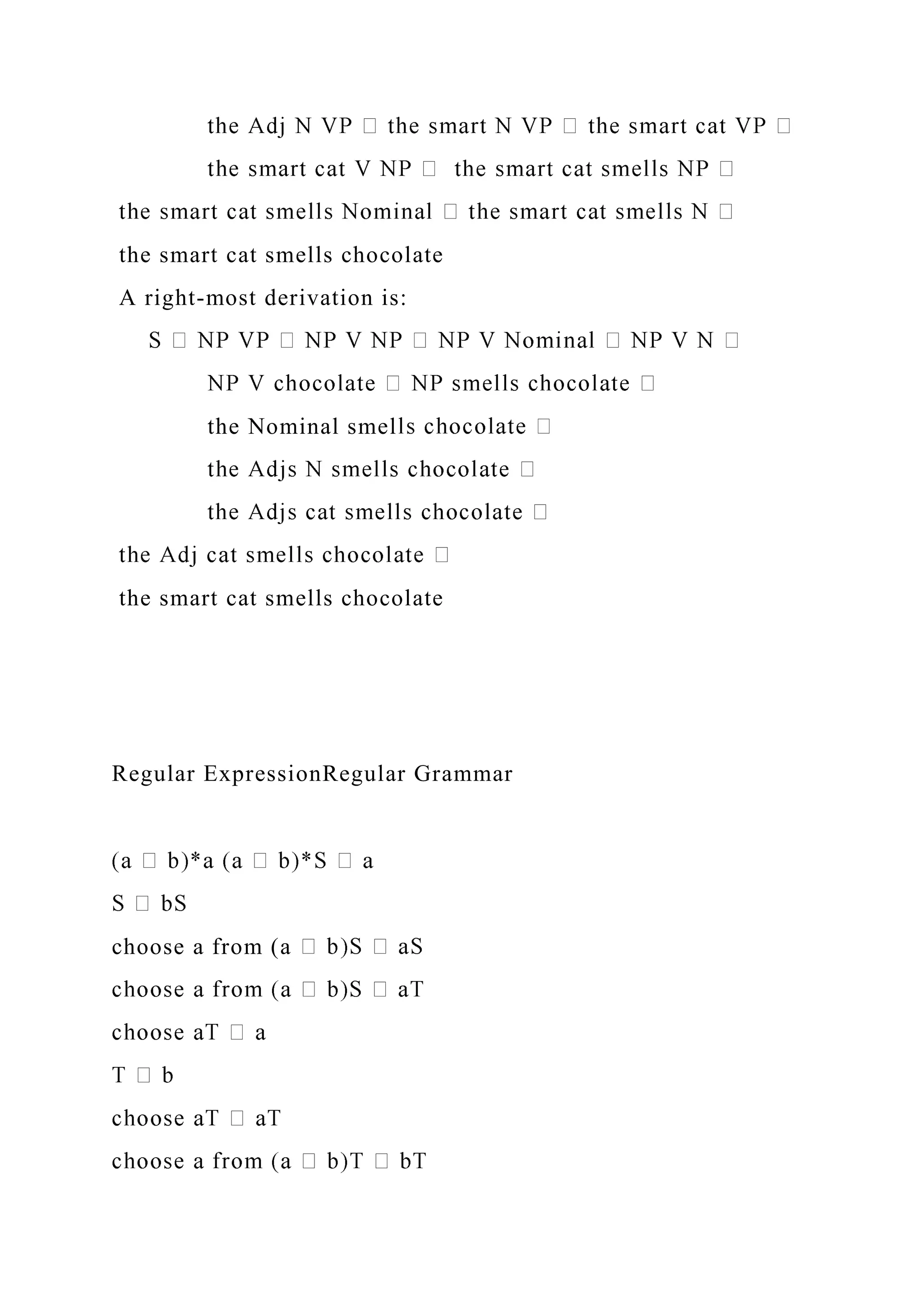 the smart cat smells chocolate
A right-most derivation is:
the Nominal smel
the smart cat smells chocolate
Regular ExpressionRegular Grammar
choose a from (a
 