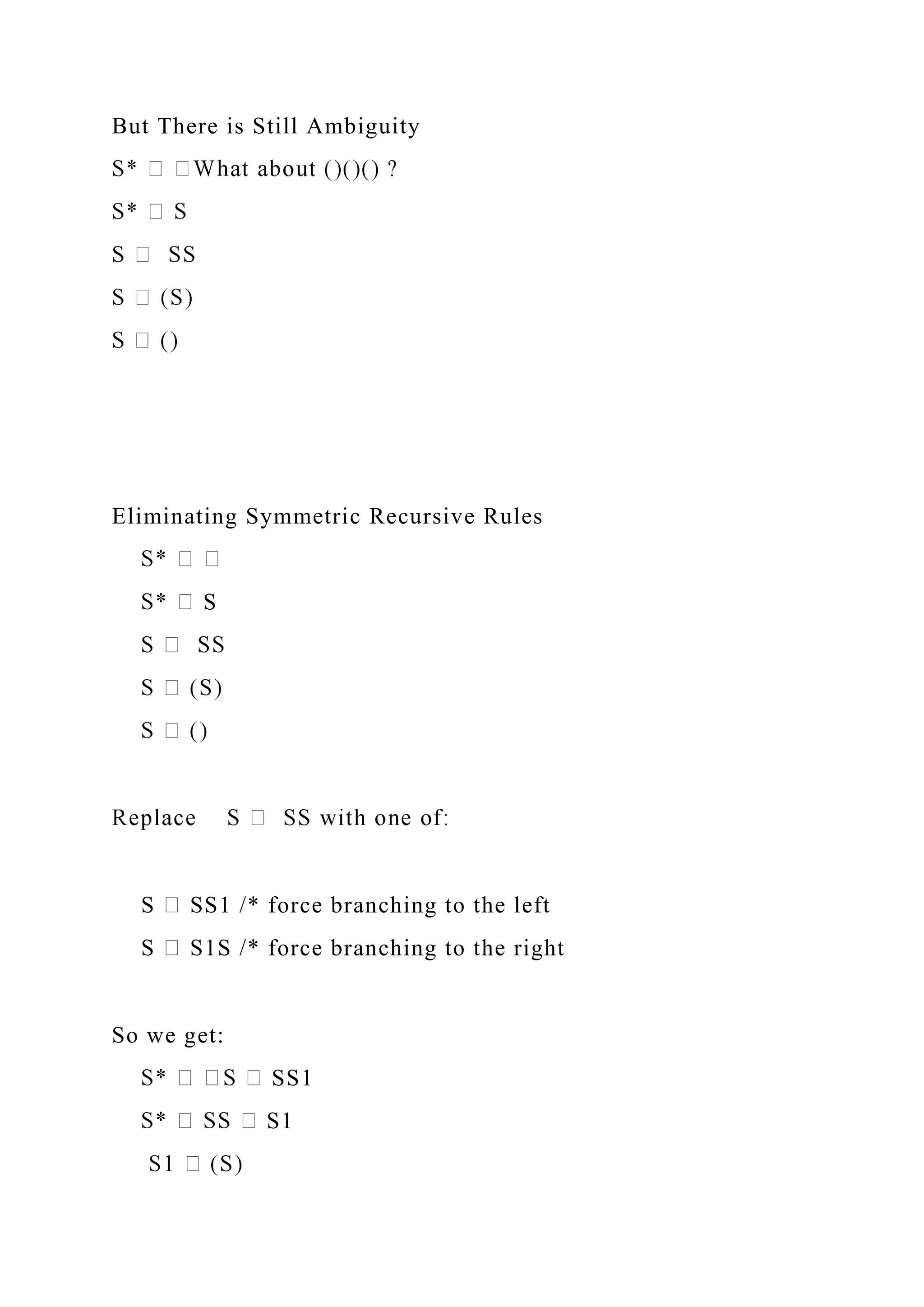 But There is Still Ambiguity
Eliminating Symmetric Recursive Rules
S
S SS1 /* force branching to the left
S S1S /* force branching to the right
So we get:
SS1
S1
 