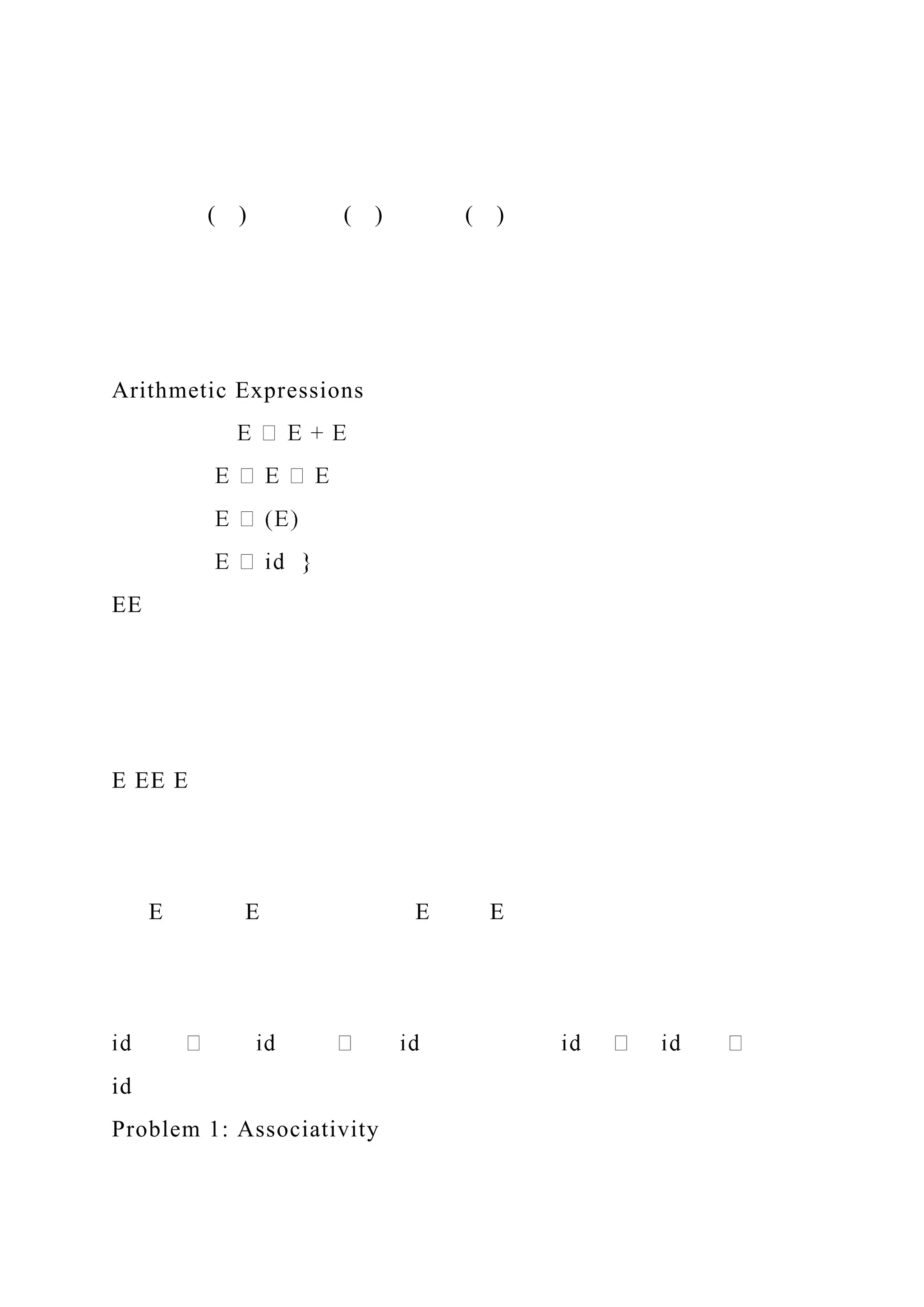 ( ) ( ) ( )
Arithmetic Expressions
EE
E EE E
E E E E
id
Problem 1: Associativity
 