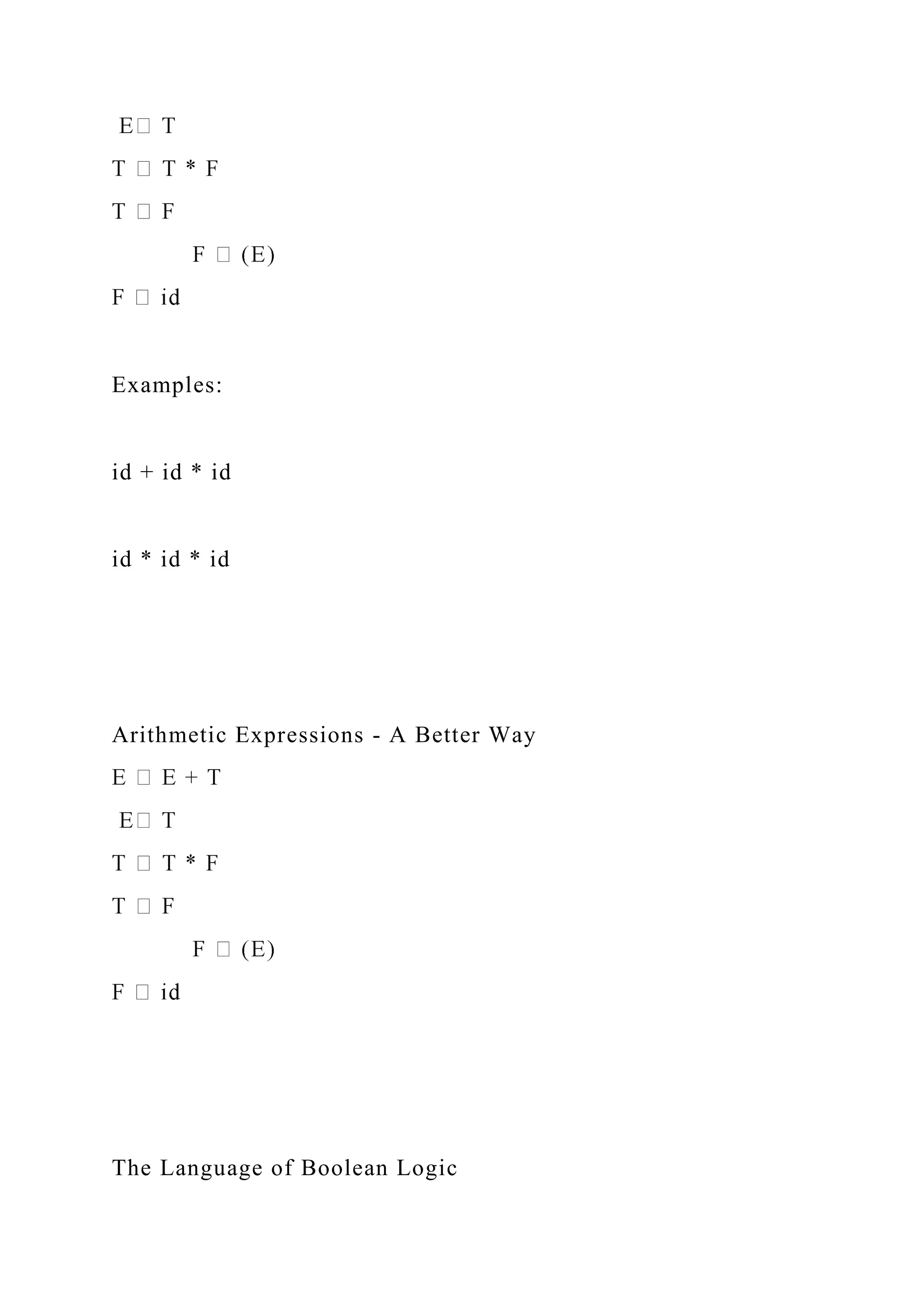 Examples:
id + id * id
id * id * id
Arithmetic Expressions - A Better Way
The Language of Boolean Logic
 