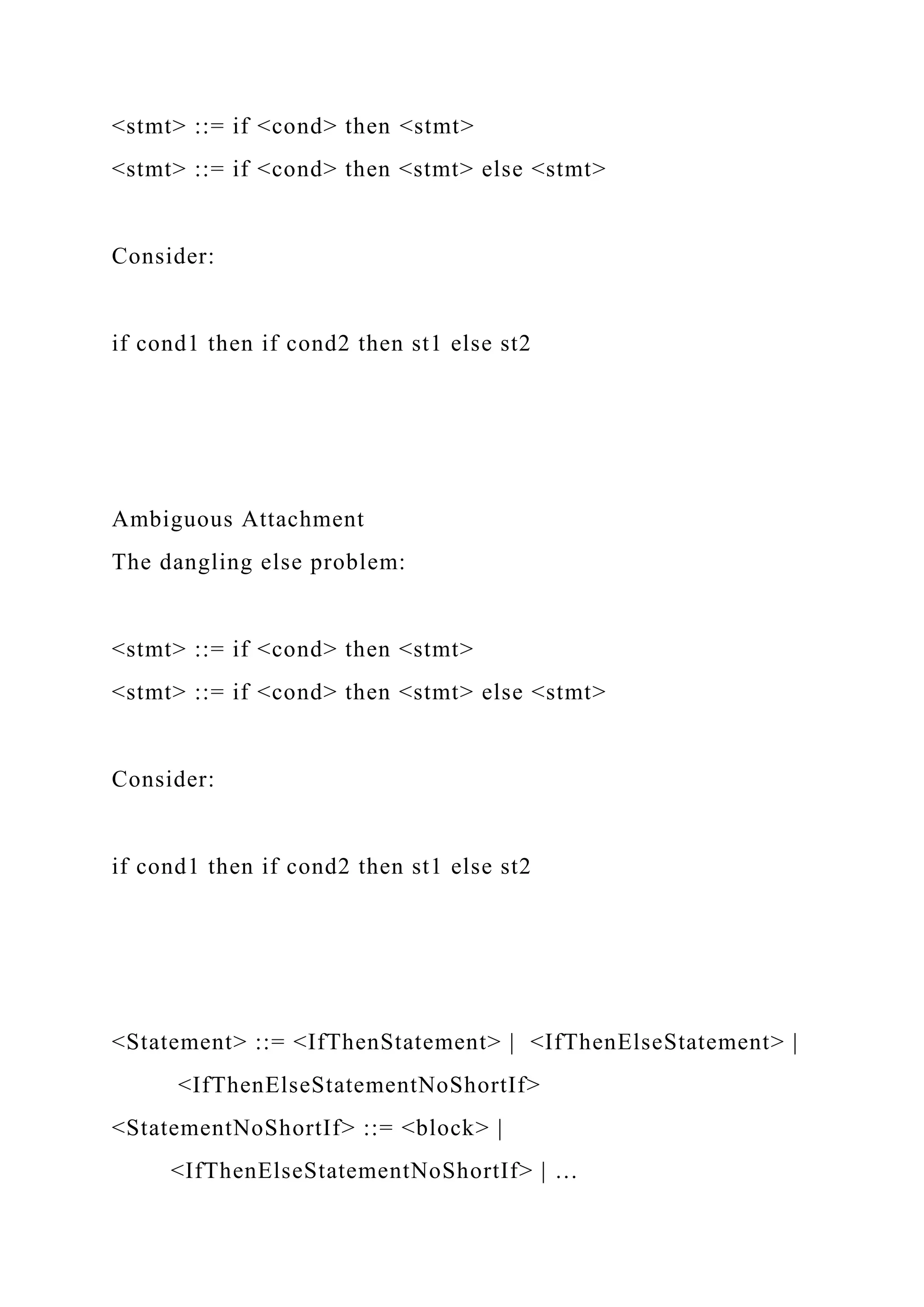 <stmt> ::= if <cond> then <stmt>
<stmt> ::= if <cond> then <stmt> else <stmt>
Consider:
if cond1 then if cond2 then st1 else st2
Ambiguous Attachment
The dangling else problem:
<stmt> ::= if <cond> then <stmt>
<stmt> ::= if <cond> then <stmt> else <stmt>
Consider:
if cond1 then if cond2 then st1 else st2
<Statement> ::= <IfThenStatement> | <IfThenElseStatement> |
<IfThenElseStatementNoShortIf>
<StatementNoShortIf> ::= <block> |
<IfThenElseStatementNoShortIf> | …
 