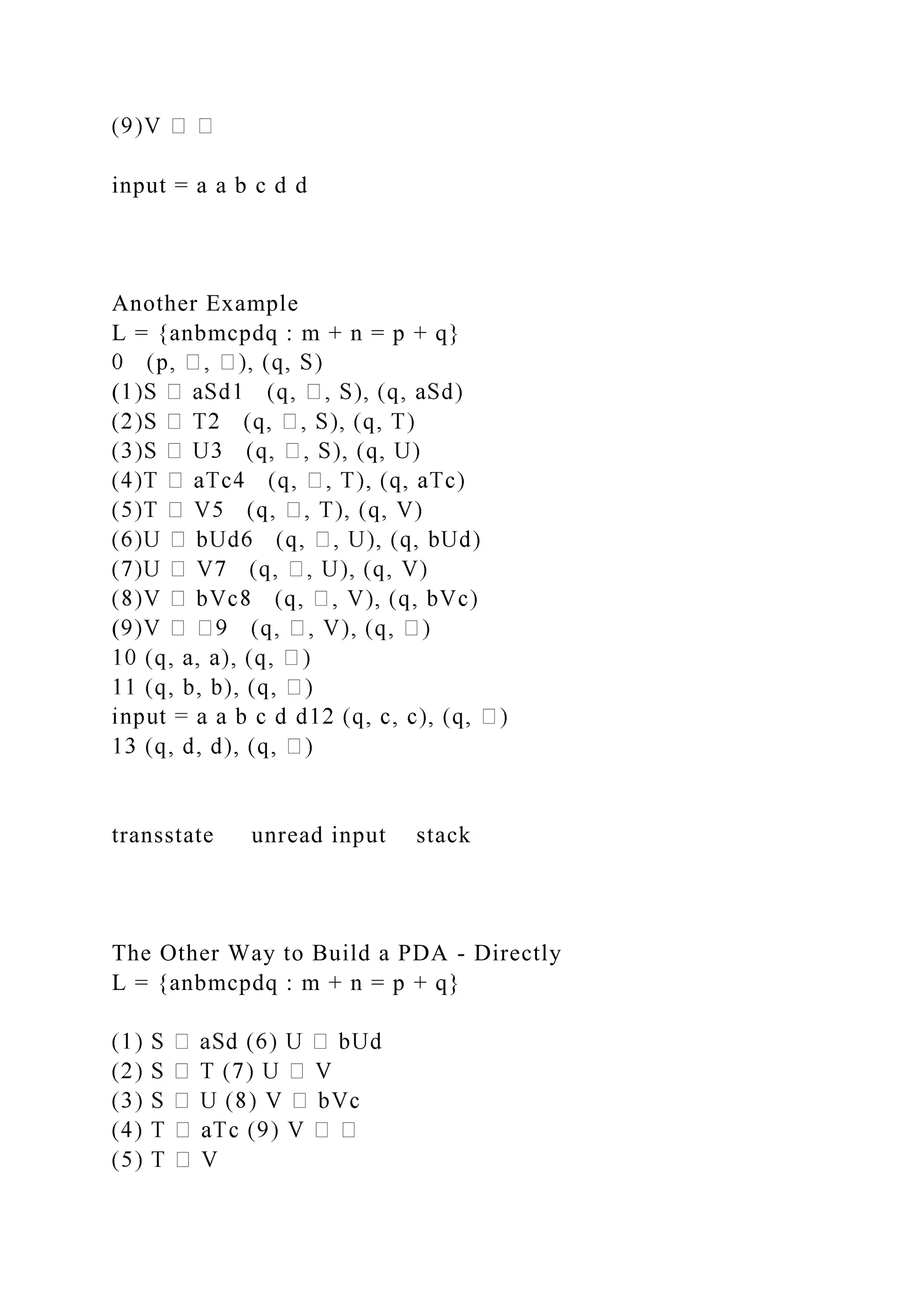 input = a a b c d d
Another Example
L = {anbmcpdq : m + n = p + q}
(
(
transstate unread input stack
The Other Way to Build a PDA - Directly
L = {anbmcpdq : m + n = p + q}
 
