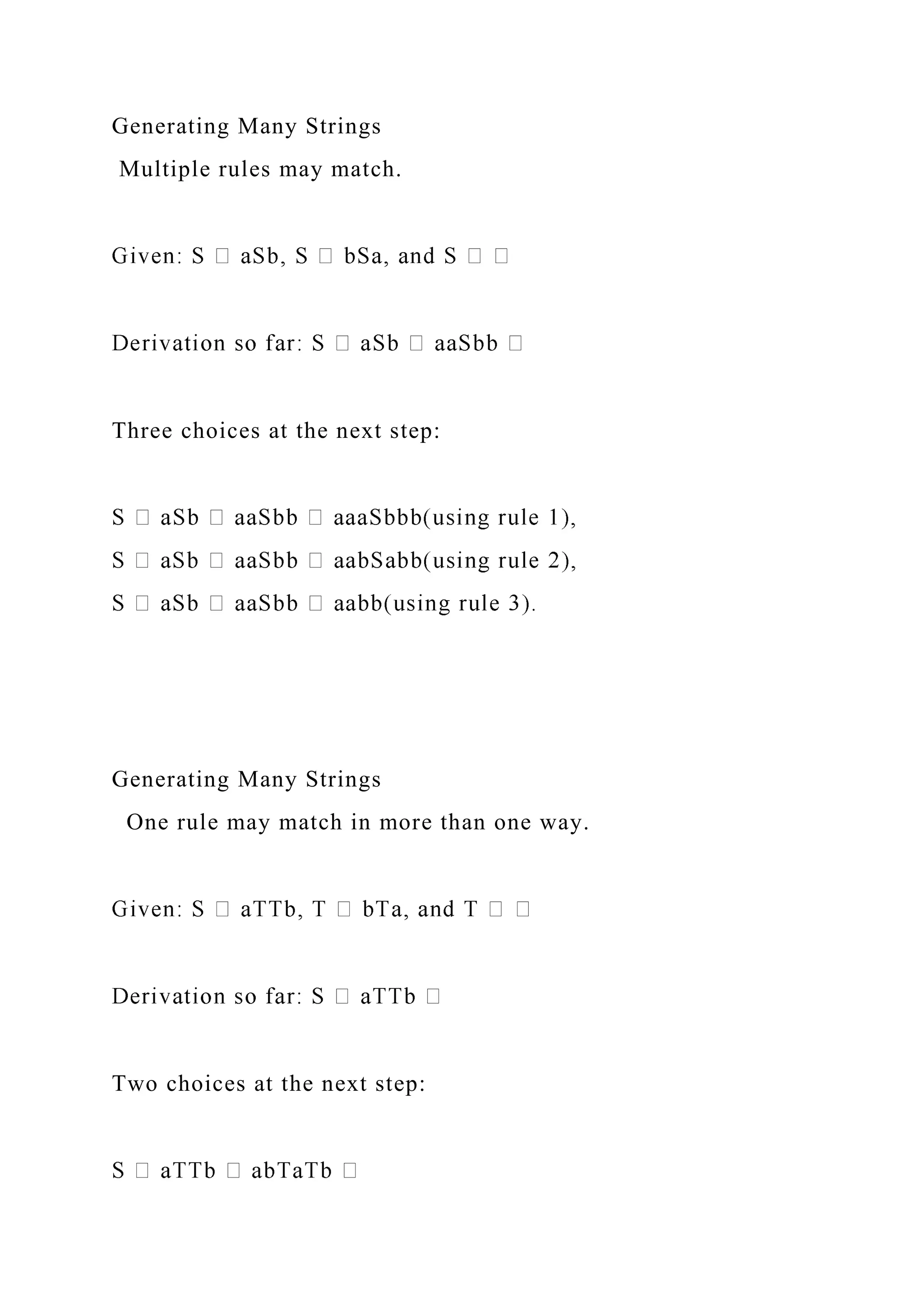 Generating Many Strings
Multiple rules may match.
Three choices at the next step:
Generating Many Strings
One rule may match in more than one way.
Two choices at the next step:
 
