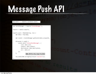 Architecture
Node.js
Push server
Node-webkit
Notiﬁcation client
Desktop  Mac
14년 4월 24일 목요일
 