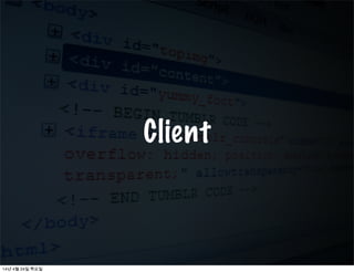 Architecture
Node.js
Push server
Node-webkit
Notiﬁcation client
3rd party service
web server mobile ...
Desktop  Mac
regist  connect
14년 4월 24일 목요일
 