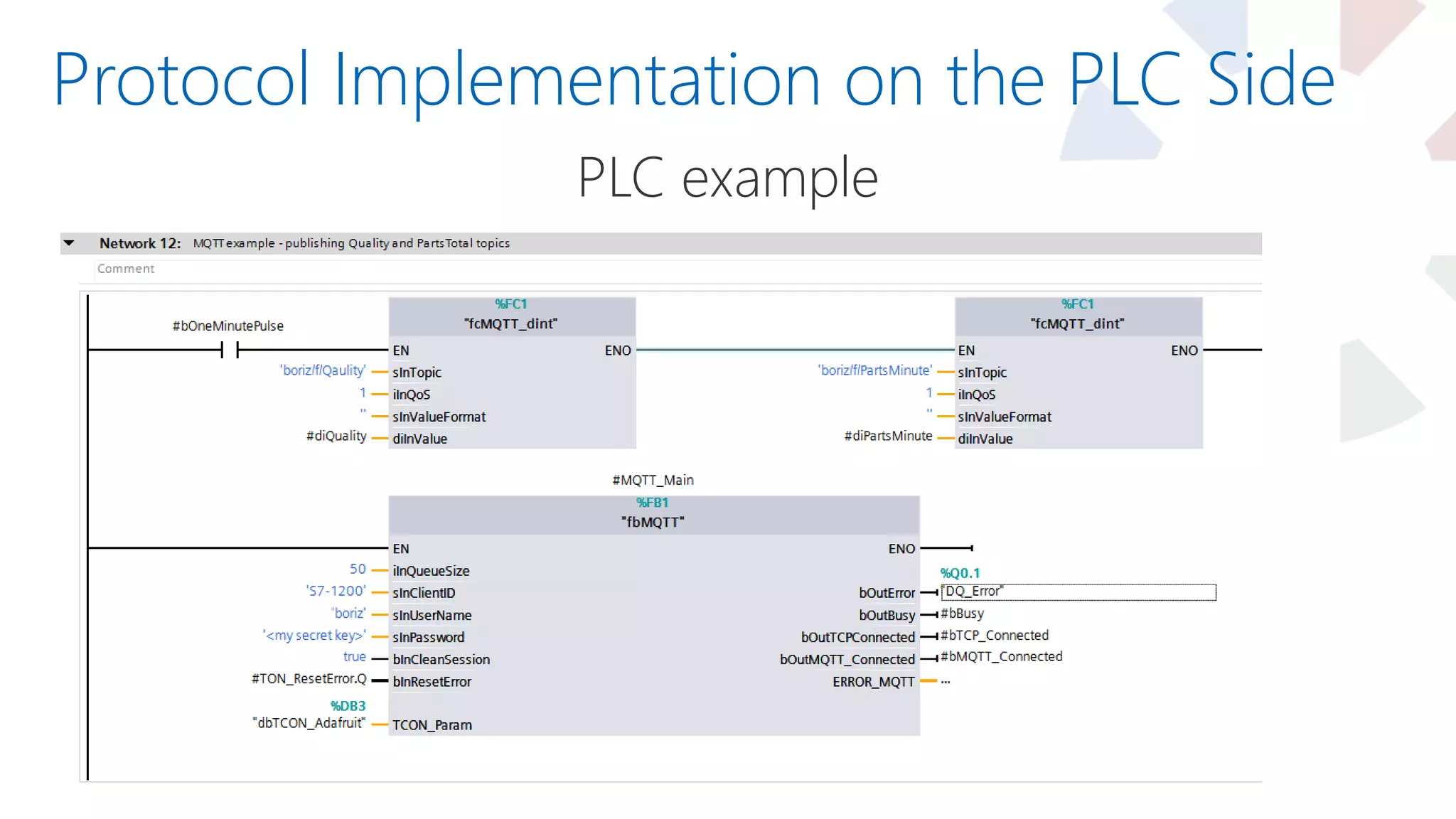 Protocol Implementation on the PLC Side
PLC example
 