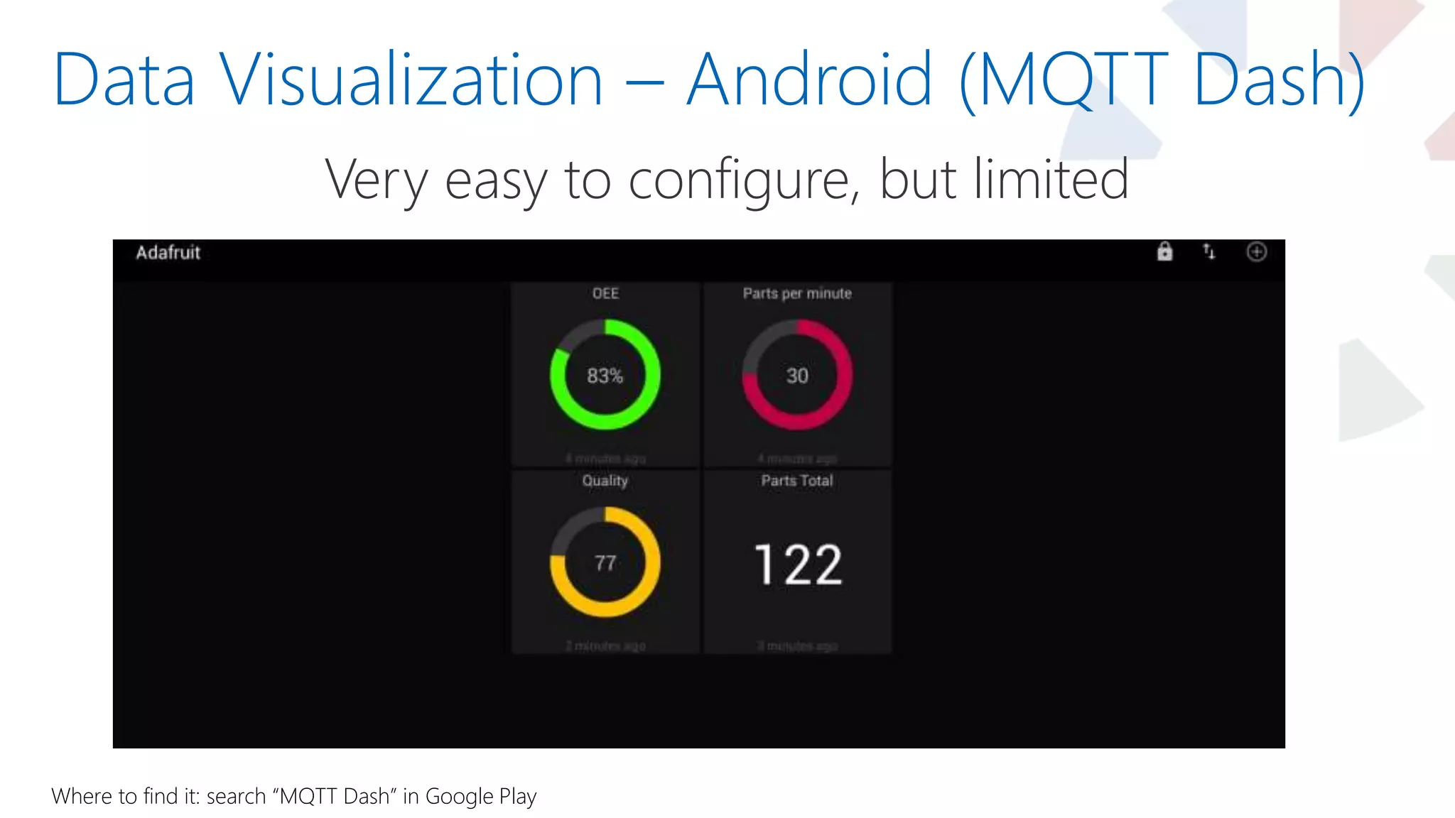 Data Visualization – Android (MQTT Dash)
Very easy to configure, but limited
Where to find it: search “MQTT Dash” in Google Play
 
