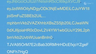 eyJhbGciOiJIUzI1NiIsInR5cCI6IkpXVCJ9.
eyJzdWIiOiIyNDgyODk3NjEwMDEiLCJuYW1lI
joiSmFuZSBEb2UiL...
mphbmVkb2VAZXhhbXBsZS5jb20iLCJwaWN
0dXJlIjoiaHR0cDovL2V4YW1wbGUuY29tL2ph
bmVkb2UvbWUuanBnIn0.
TJVA95OrM7E2cBab30RMHrHDcEfxjoYZgeF
ONFh7HgQ
 