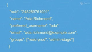 {
"sub": "248289761001",
"name": "Ada Richmond",
"preferred_username": "ada",
"email": "ada.richmond@example.com",
"groups": ["read-prod", "admin-stage"]
}
 