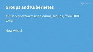 Groups and Kubernetes
API server extracts user, email, groups, from OIDC
token
Now what?
 