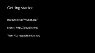 Getting started
HWBOT: http://hwbot.org/
Events: http://x.hwbot.org/
Team AU: http://teamau.net/
 
