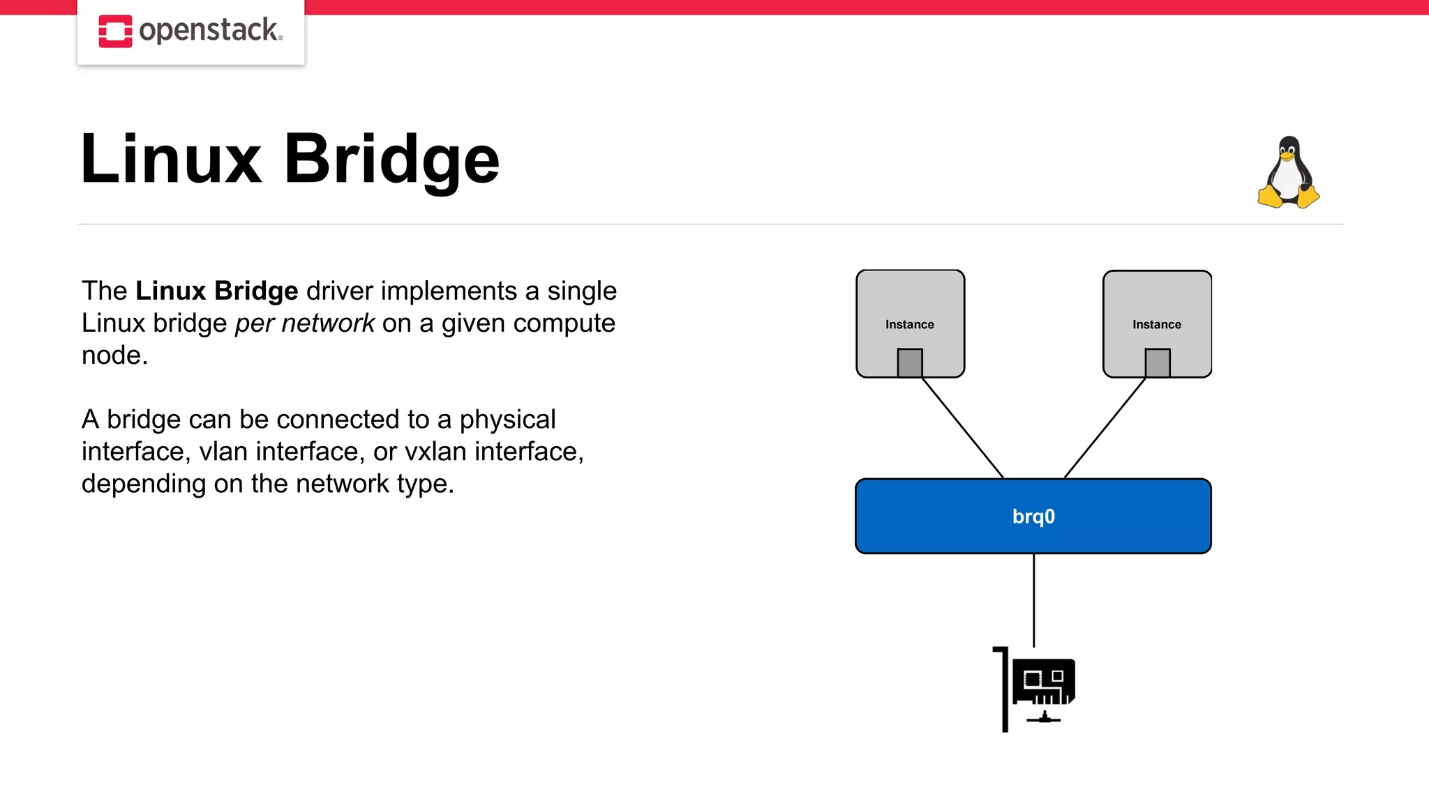Linux Bridge
The Linux Bridge driver implements a single
Linux bridge per network on a given compute
node.
A bridge can be connected to a physical
interface, vlan interface, or vxlan interface,
depending on the network type.
brq0
Instance Instance
 