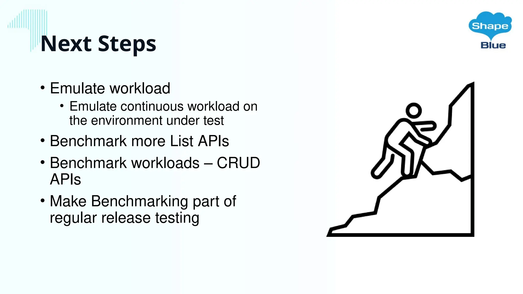Next Steps
• Emulate workload
• Emulate continuous workload on
the environment under test
• Benchmark more List APIs
• Benchmark workloads – CRUD
APIs
• Make Benchmarking part of
regular release testing
 