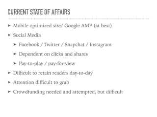 CURRENT STATE OF AFFAIRS
➤ Mobile optimized site/ Google AMP (at best)
➤ Social Media
➤ Facebook / Twitter / Snapchat / Instagram
➤ Dependent on clicks and shares
➤ Pay-to-play / pay-for-view
➤ Diﬃcult to retain readers day-to-day
➤ Attention diﬃcult to grab
➤ Crowdfunding needed and attempted, but diﬃcult
 