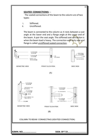 14
ADMN. NO……………………. SIGN. OF T.O…………………………….
SEATED CONNECTIONS: -
The seated connections of the beam to the column are of two
types:
i. Stiffened.
ii. Unstiffened.
The beam is connected to the column as it rests between a seat
angle at the lower end and a flange angle at the upper end of
the beam. A pair the seat angle. The stiffened seat connection is
when the beam load is heavy. The connection with only seat and
flange is called unstiffened seated connection.
 
