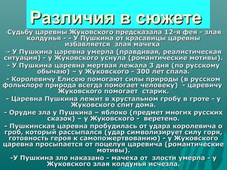 Различия в сюжете
-Судьбу   царевны Жуковского предсказала 12-я фея - злая
        колдунья - - У Пушкина от красавицы царевны
                  избавляется злая мачеха
 -- У Пушкина царевна умерла (правдивая, реалистическая
ситуация) - у Жуковского уснула (романтические мотивы).
  - У Пушкина царевна мертвая лежала 3 дня (по русскому
          обычаю) – у Жуковского - 300 лет спала.
  - Королевичу Елисею помогают силы природы (в русском
фольклоре природа всегда помогает человеку) - царевичу
                Жуковского помогает старик.
 - Царевна Пушкина лежит в хрустальном гробу в гроте - у
                    Жуковского спит дома.
- Орудие зла у Пушкина – яблоко (предмет многих русских
             сказок) – у Жуковского - веретено.
- Пушкинская царевна пробудилась от удара королевича о
гроб, который рассыпался (удар символизирует силу горя,
   готовность героя к самопожертвованию) - у Жуковского
царевна просыпается от поцелуя царевича (романтические
                          мотивы).
   -У Пушкина зло наказано - мачеха от злости умерла - у
             Жуковского злая колдунья исчезла.
 
