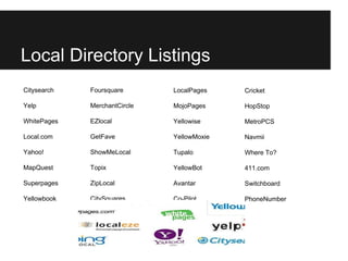 Local Directory Listings
Citysearch   Foursquare       LocalPages    Cricket

Yelp         MerchantCircle   MojoPages     HopStop

WhitePages   EZlocal          Yellowise     MetroPCS

Local.com    GetFave          YellowMoxie   Navmii

Yahoo!       ShowMeLocal      Tupalo        Where To?

MapQuest     Topix            YellowBot     411.com

Superpages   ZipLocal         Avantar       Switchboard

Yellowbook   CitySquares      Co-Pilot      PhoneNumber
 