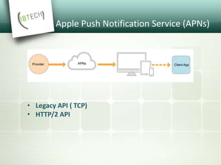 Apple Push Notification Service (APNs)
• Legacy API ( TCP)
• HTTP/2 API
 