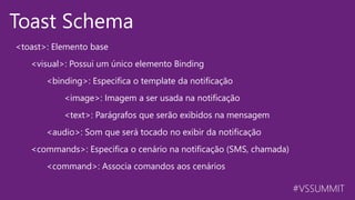 #VSSUMMIT
Toast Schema
<toast>: Elemento base
<visual>: Possui um único elemento Binding
<binding>: Especifica o template da notificação
<image>: Imagem a ser usada na notificação
<text>: Parágrafos que serão exibidos na mensagem
<audio>: Som que será tocado no exibir da notificação
<commands>: Especifica o cenário na notificação (SMS, chamada)
<command>: Associa comandos aos cenários
 