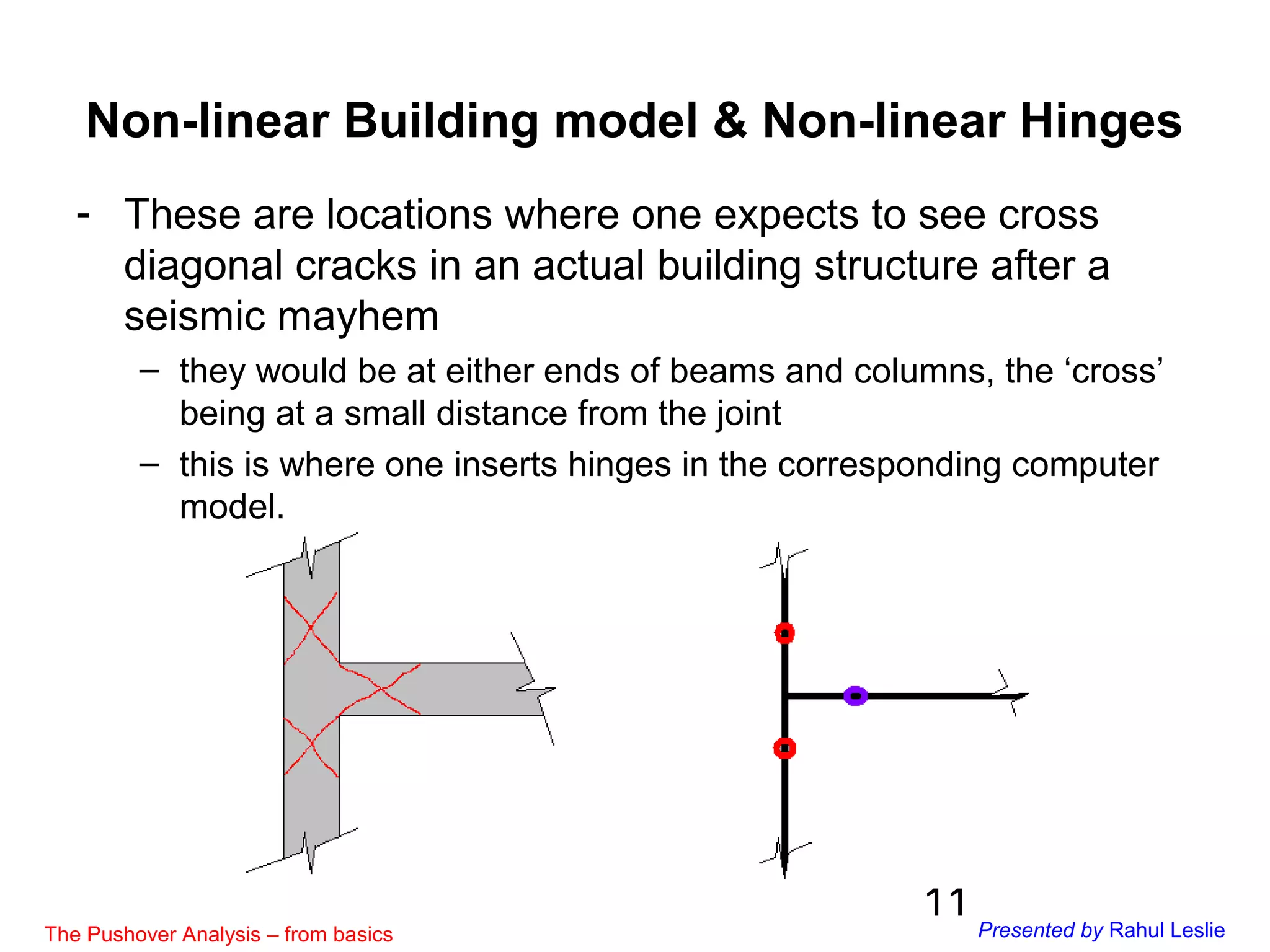 11
- These are locations where one expects to see cross
diagonal cracks in an actual building structure after a
seismic mayhem
– they would be at either ends of beams and columns, the ‘cross’
being at a small distance from the joint
– this is where one inserts hinges in the corresponding computer
model.
Non-linear Building model & Non-linear Hinges
The Pushover Analysis – from basics Presented by Rahul Leslie
 