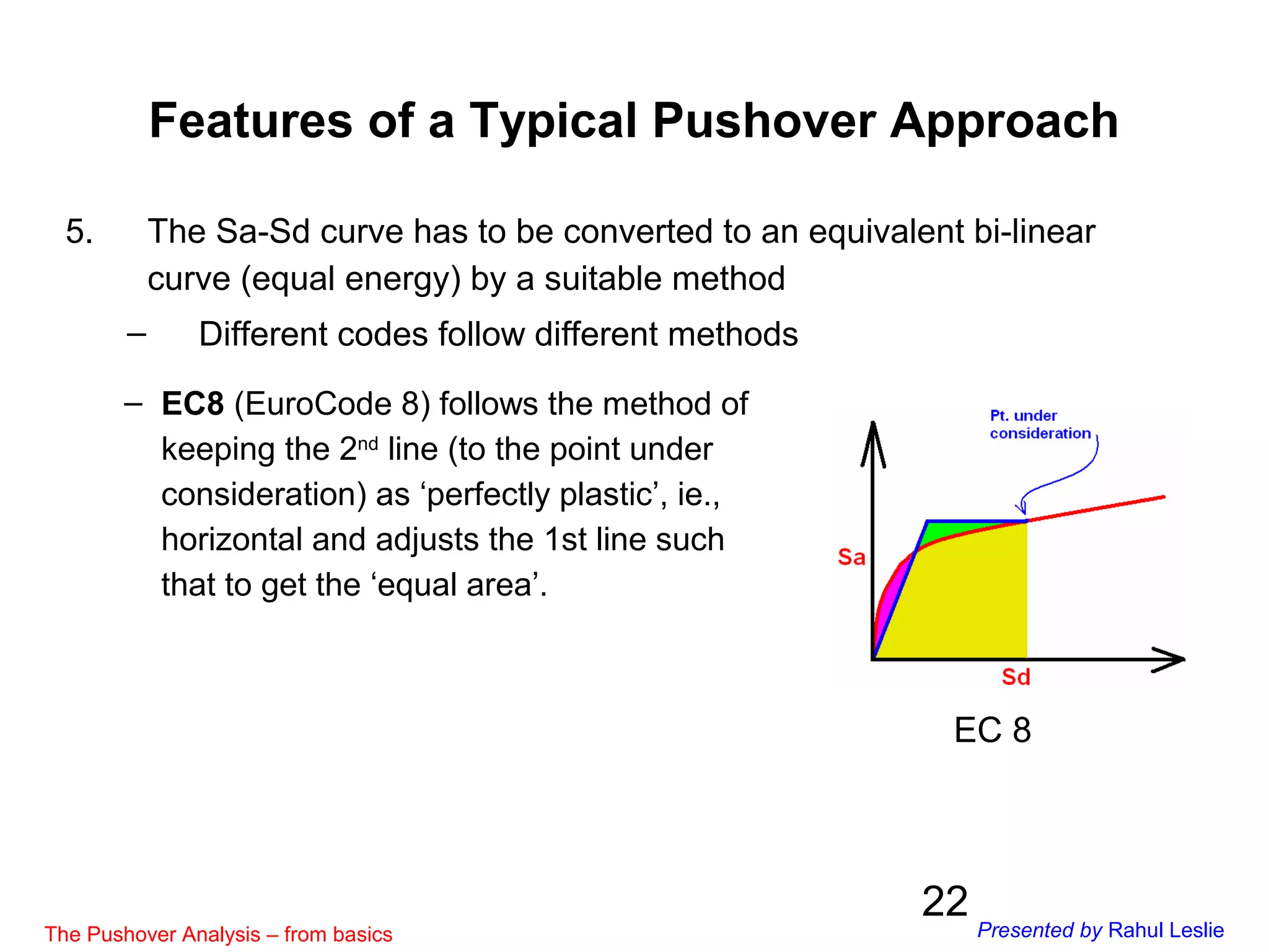 22
5. The Sa-Sd curve has to be converted to an equivalent bi-linear
curve (equal energy) by a suitable method
– Different codes follow different methods
EC 8
– EC8 (EuroCode 8) follows the method of
keeping the 2nd
line (to the point under
consideration) as ‘perfectly plastic’, ie.,
horizontal and adjusts the 1st line such
that to get the ‘equal area’.
Features of a Typical Pushover Approach
The Pushover Analysis – from basics Presented by Rahul Leslie
 