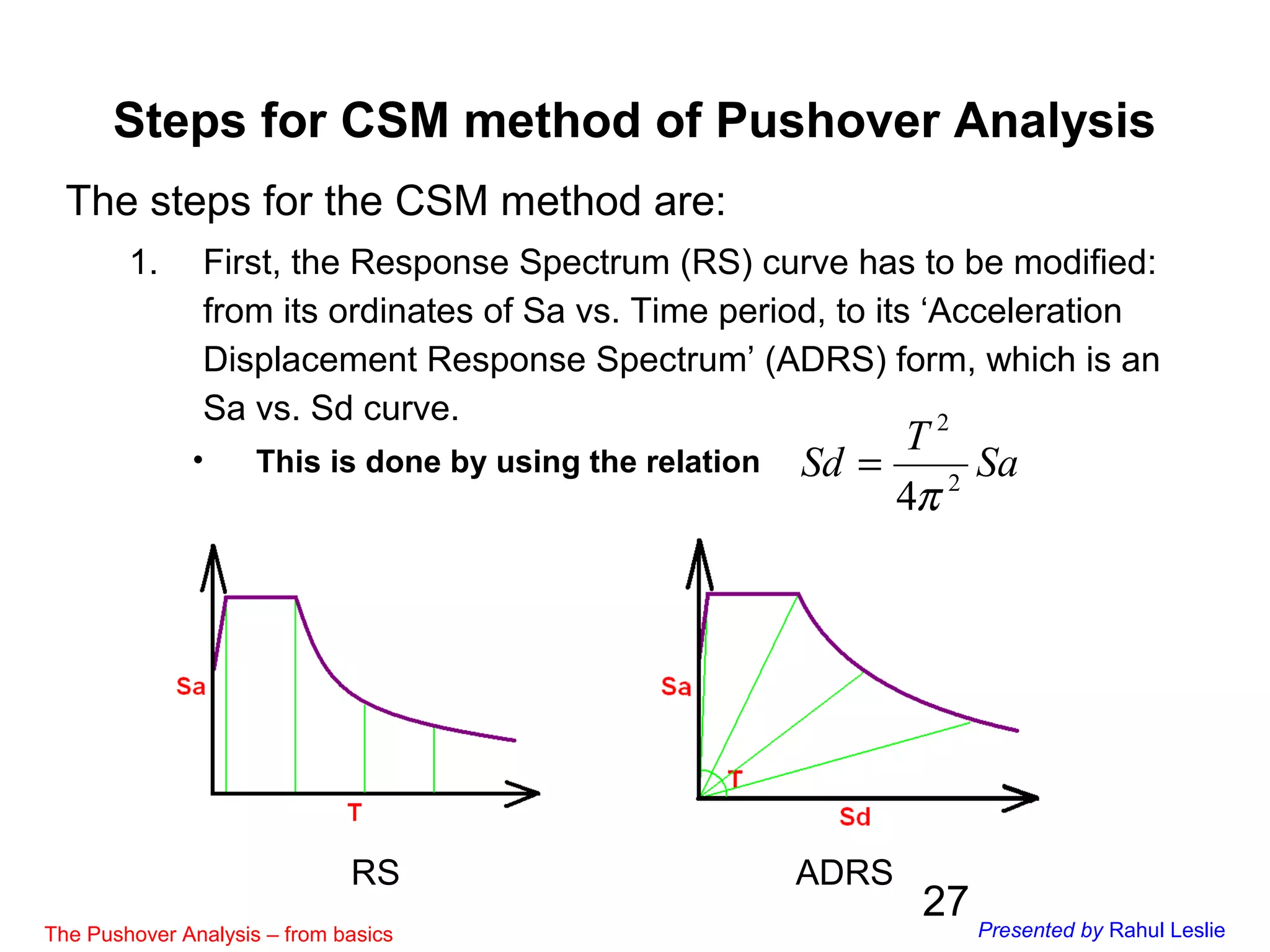 27
The steps for the CSM method are:
1. First, the Response Spectrum (RS) curve has to be modified:
from its ordinates of Sa vs. Time period, to its ‘Acceleration
Displacement Response Spectrum’ (ADRS) form, which is an
Sa vs. Sd curve.
• This is done by using the relation
RS ADRS
Sa
T
Sd 2
2
4π
=
Steps for CSM method of Pushover Analysis
The Pushover Analysis – from basics Presented by Rahul Leslie
 
