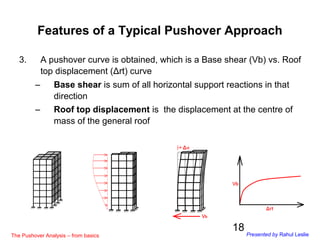 18
3. A pushover curve is obtained, which is a Base shear (Vb) vs. Roof
top displacement (Δrt) curve
– Base shear is sum o...