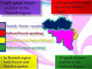 • 59% speak Dutch
and live in the
Flemish region.
• 40% speak French and
live in the Walloon
Region
• 1% speak German
and live in the
Walloon Region
• In Brussels region
both French and
Dutch is spoken
 