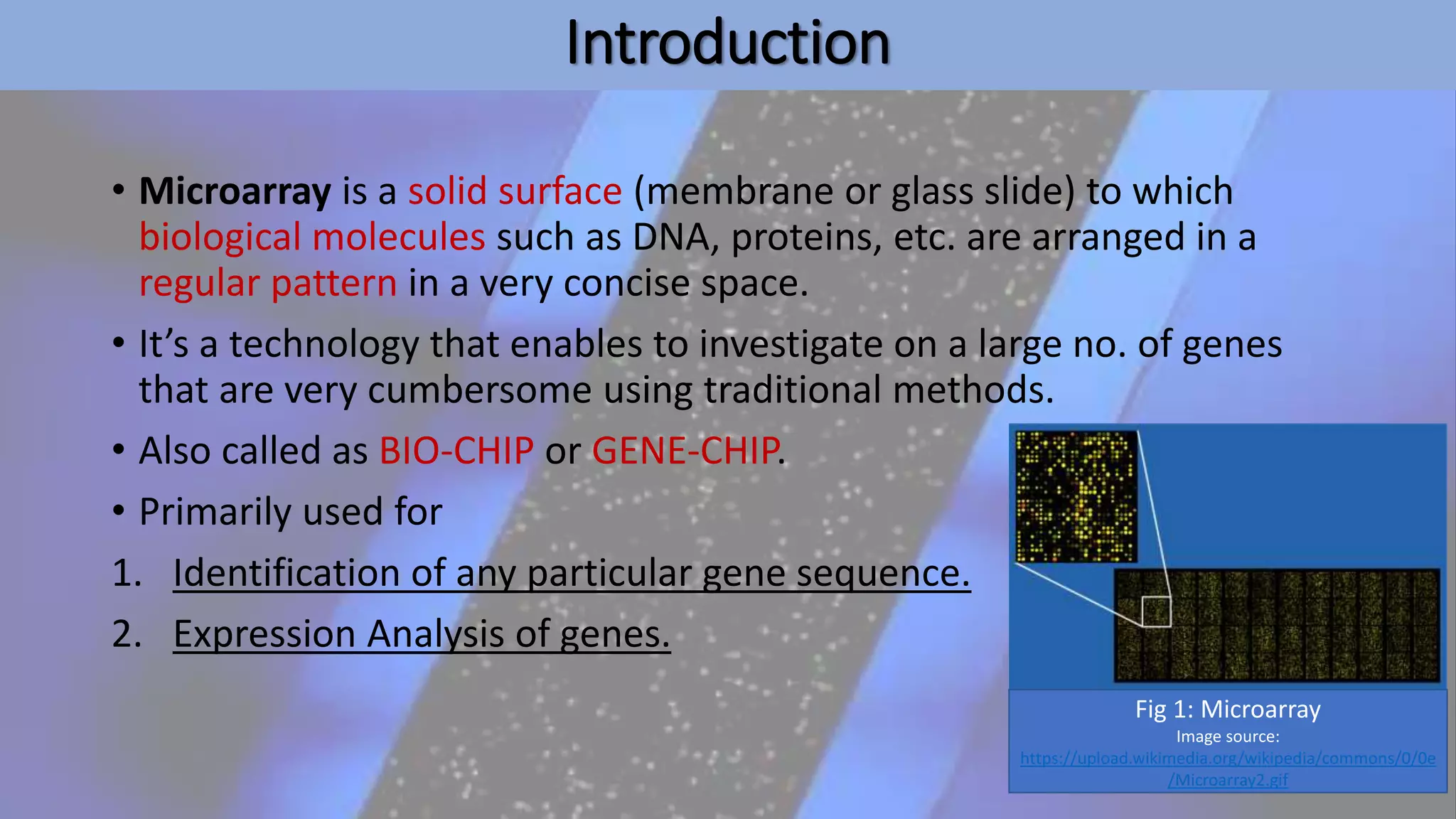 Introduction
• Microarray is a solid surface (membrane or glass slide) to which
biological molecules such as DNA, proteins, etc. are arranged in a
regular pattern in a very concise space.
• It’s a technology that enables to investigate on a large no. of genes
that are very cumbersome using traditional methods.
• Also called as BIO-CHIP or GENE-CHIP.
• Primarily used for
1. Identification of any particular gene sequence.
2. Expression Analysis of genes.
Fig 1: Microarray
Image source:
https://upload.wikimedia.org/wikipedia/commons/0/0e
/Microarray2.gif
 