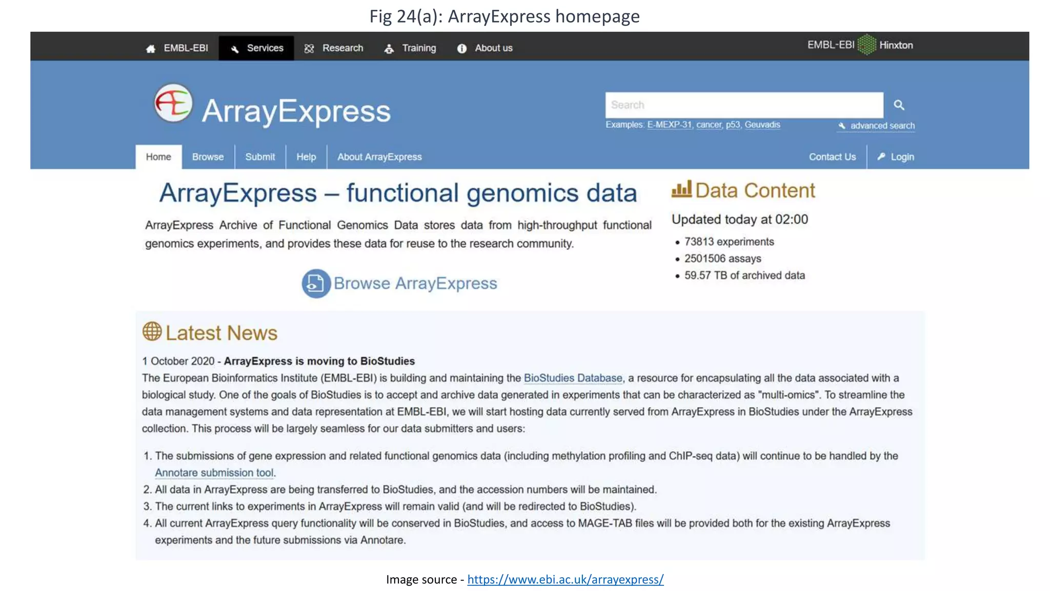 Image source - https://www.ebi.ac.uk/arrayexpress/
Fig 24(a): ArrayExpress homepage
 