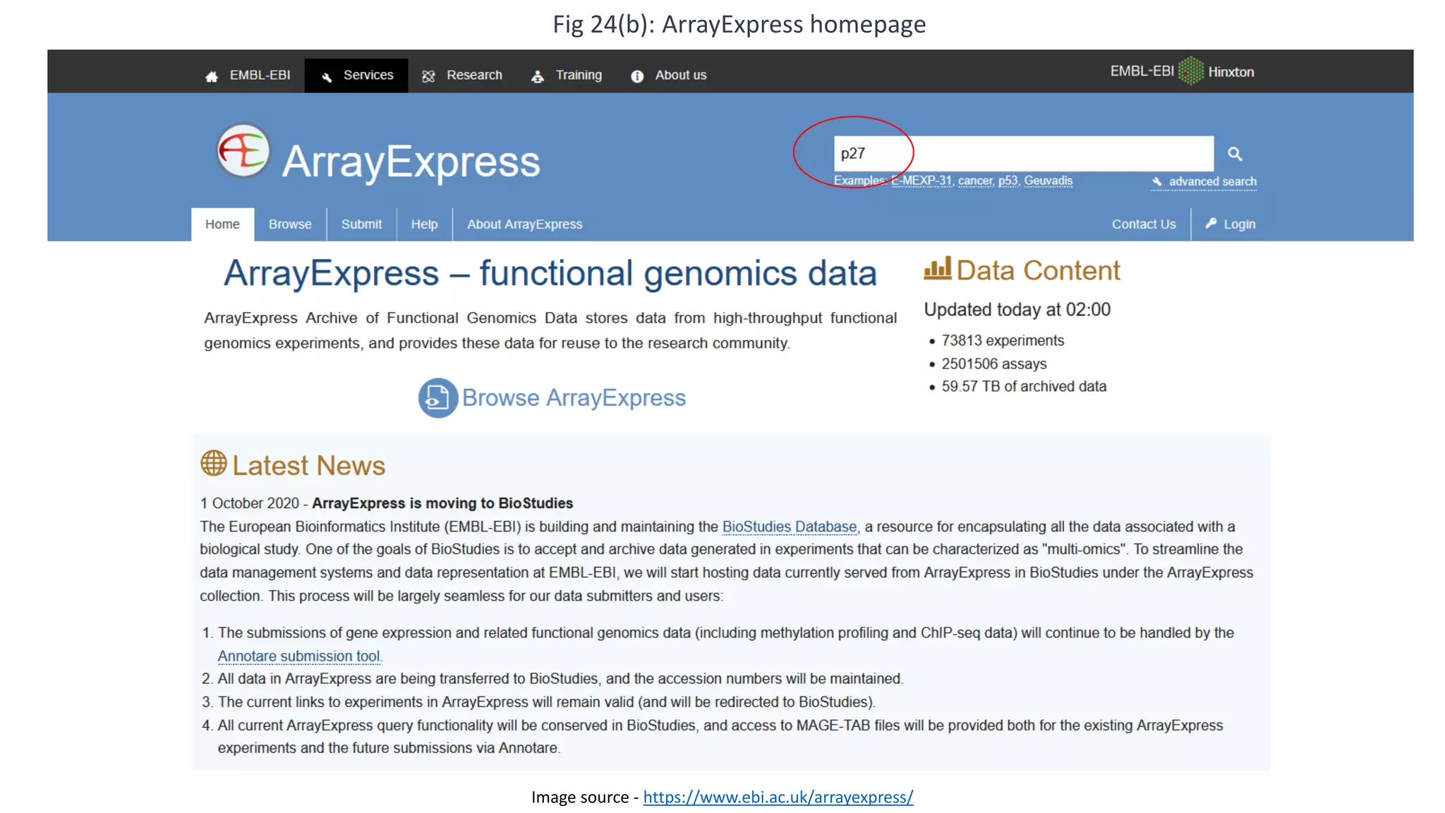 Fig 24(b): ArrayExpress homepage
Image source - https://www.ebi.ac.uk/arrayexpress/
 