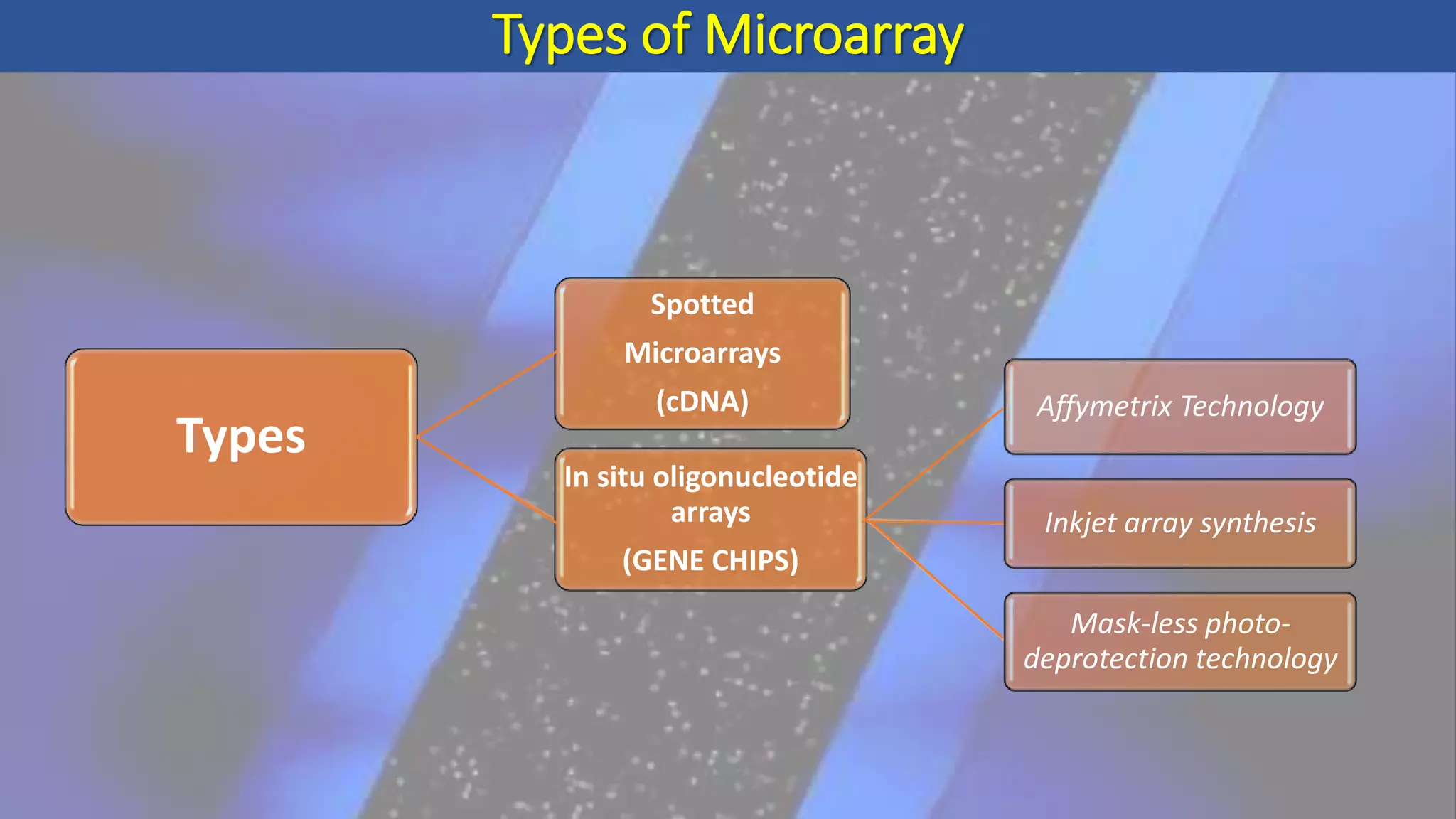Types of Microarray
Types
Spotted
Microarrays
(cDNA)
In situ oligonucleotide
arrays
(GENE CHIPS)
Affymetrix Technology
Inkjet array synthesis
Mask-less photo-
deprotection technology
 