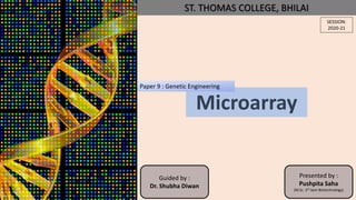 Microarray
ST. THOMAS COLLEGE, BHILAI
SESSION:
2020-21
Paper 9 : Genetic Engineering
Guided by :
Dr. Shubha Diwan
Presented by :
Pushpita Saha
(M.Sc. 3rd Sem Biotechnology)
 