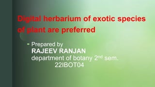 z
Prepared by
RAJEEV RANJAN
department of botany 2nd sem.
22IBOT04
Digital herbarium of exotic species
of plant are preferred
 