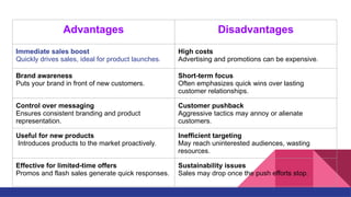 Advantages Disadvantages
Immediate sales boost
Quickly drives sales, ideal for product launches.
High costs
Advertising and promotions can be expensive.
Brand awareness
Puts your brand in front of new customers.
Short-term focus
Often emphasizes quick wins over lasting
customer relationships.
Control over messaging
Ensures consistent branding and product
representation.
Customer pushback
Aggressive tactics may annoy or alienate
customers.
Useful for new products
Introduces products to the market proactively.
Inefficient targeting
May reach uninterested audiences, wasting
resources.
Effective for limited-time offers
Promos and flash sales generate quick responses.
Sustainability issues
Sales may drop once the push efforts stop.
 