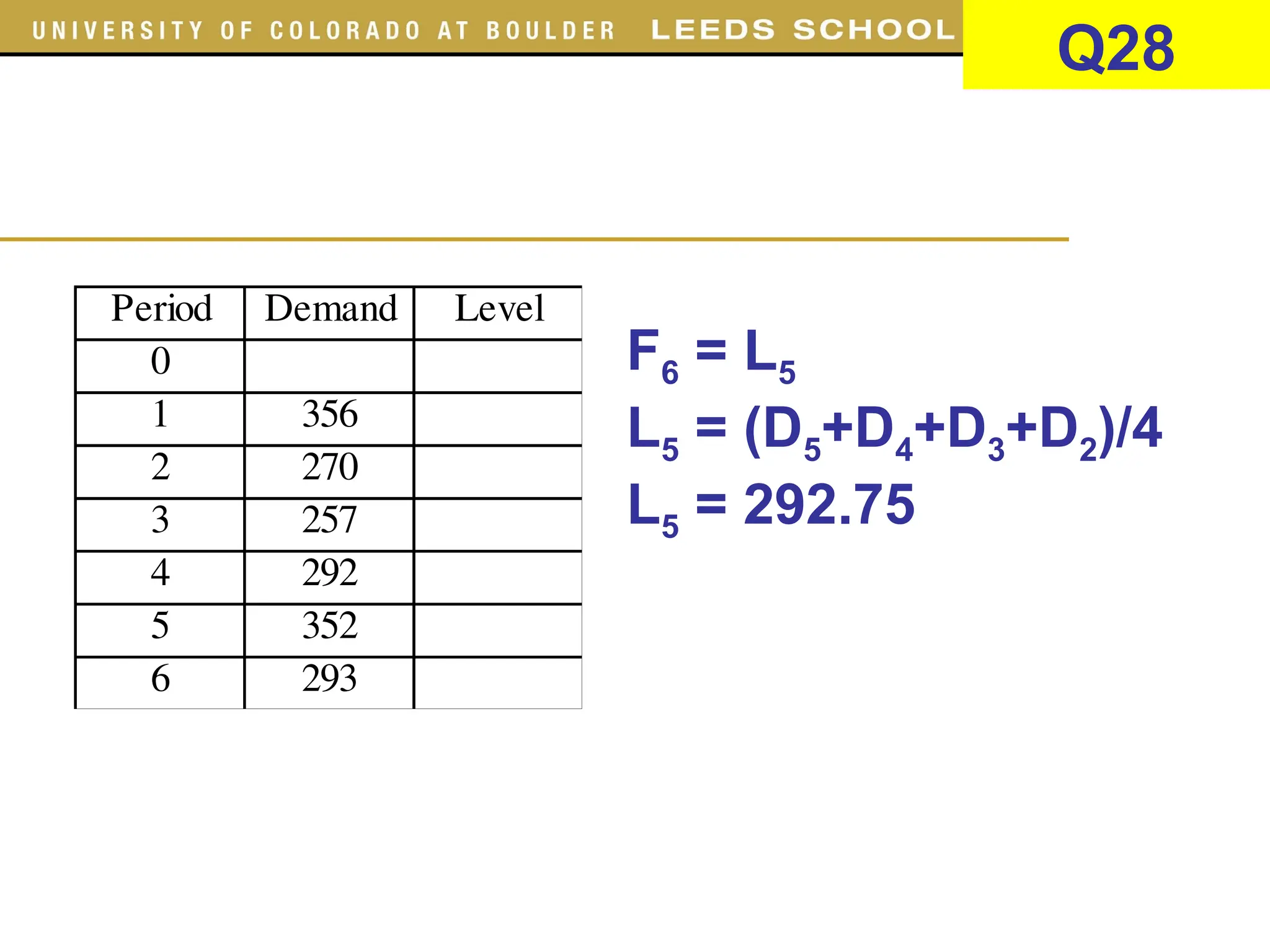 Q28
Period Demand Level
0
1 356
2 270
3 257
4 292
5 352
6 293
F6 = L5
L5 = (D5+D4+D3+D2)/4
L5 = 292.75
 