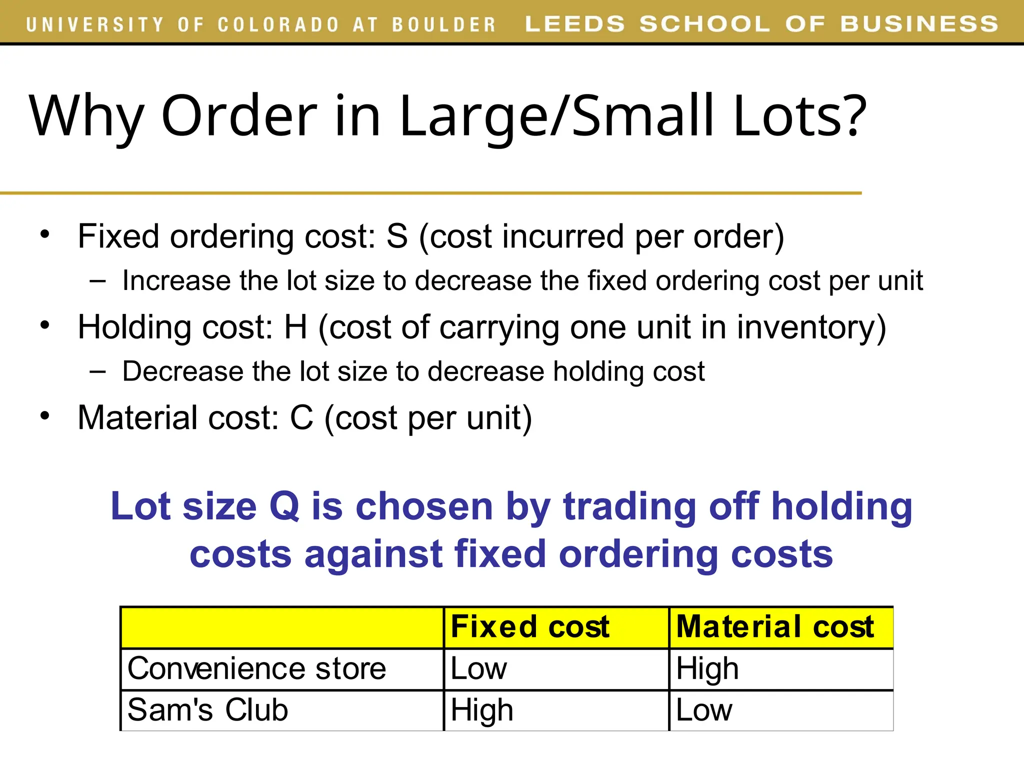 Why Order in Large/Small Lots?
• Fixed ordering cost: S (cost incurred per order)
– Increase the lot size to decrease the fixed ordering cost per unit
• Holding cost: H (cost of carrying one unit in inventory)
– Decrease the lot size to decrease holding cost
• Material cost: C (cost per unit)
Lot size Q is chosen by trading off holding
costs against fixed ordering costs
Fixed cost Material cost
Convenience store Low High
Sam's Club High Low
 